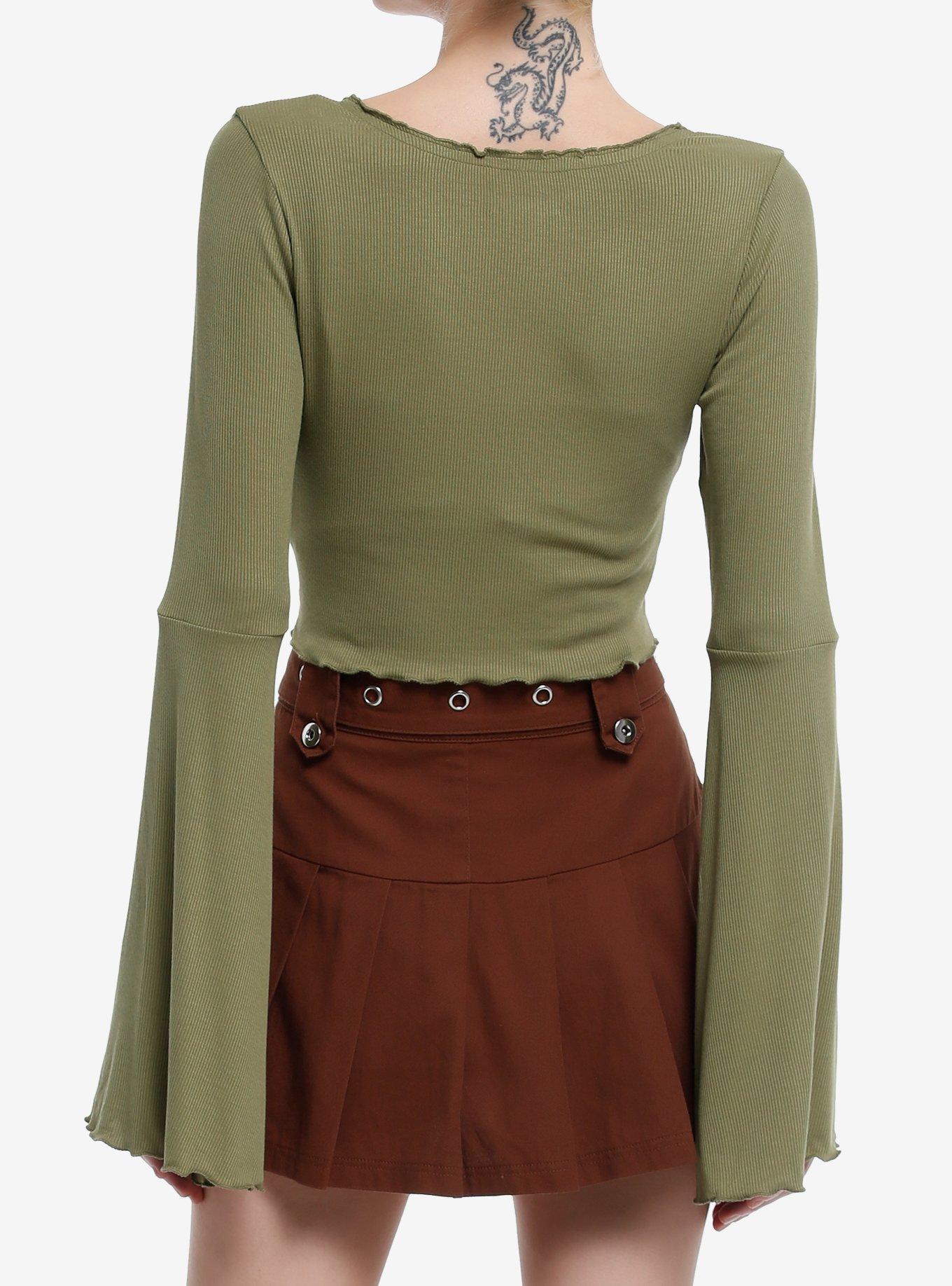Thorn & Fable Green Tie-Front Girls Bell Sleeve Crop Top, OLIVE, alternate