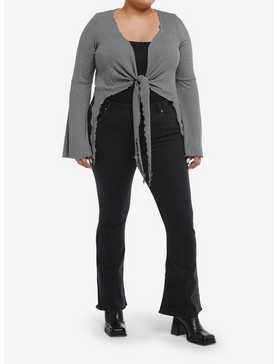 Cosmic Aura Grey Ribbed Girls Crop Bell Sleeve Shrug Plus Size, , hi-res