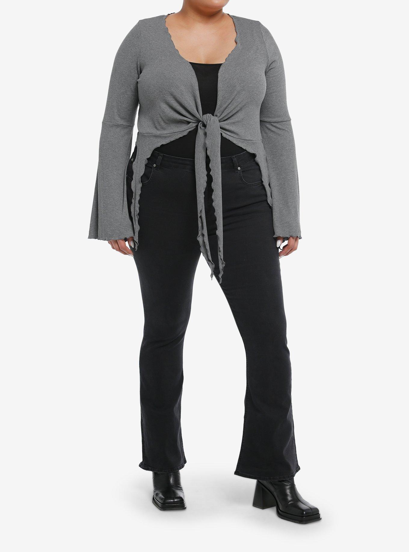Cosmic Aura Grey Ribbed Girls Crop Bell Sleeve Shrug Plus Size, GREY, alternate