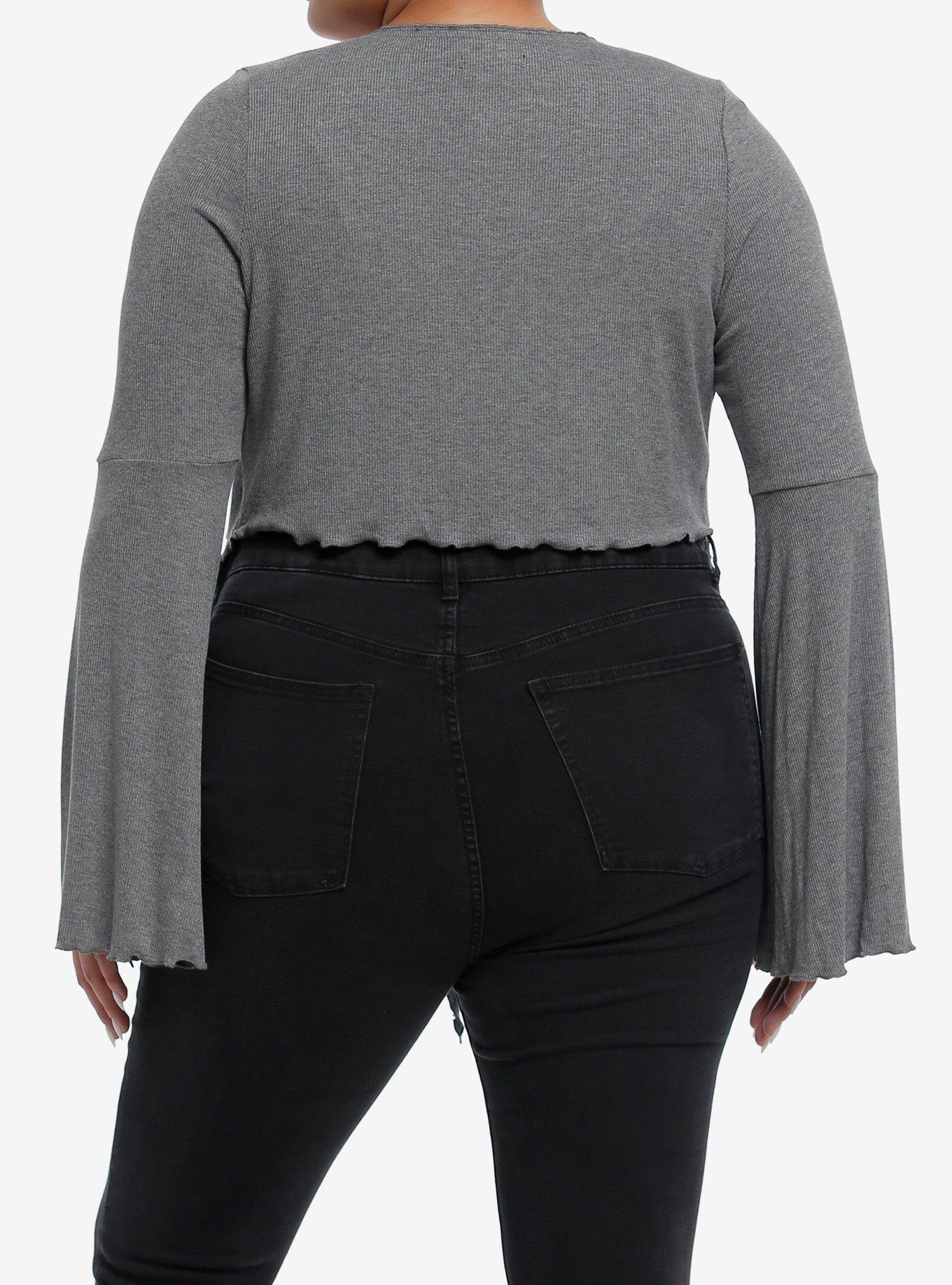 Cosmic Aura Grey Ribbed Girls Crop Bell Sleeve Shrug Plus Size, GREY, alternate