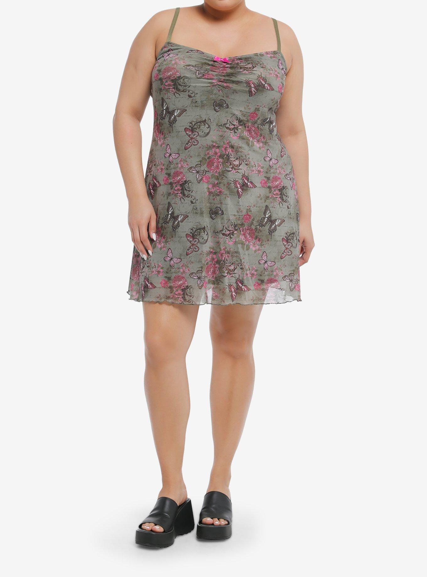 Sweet Society Pink & Green Butterfly Mesh Cami Dress Plus Size, PINK, alternate