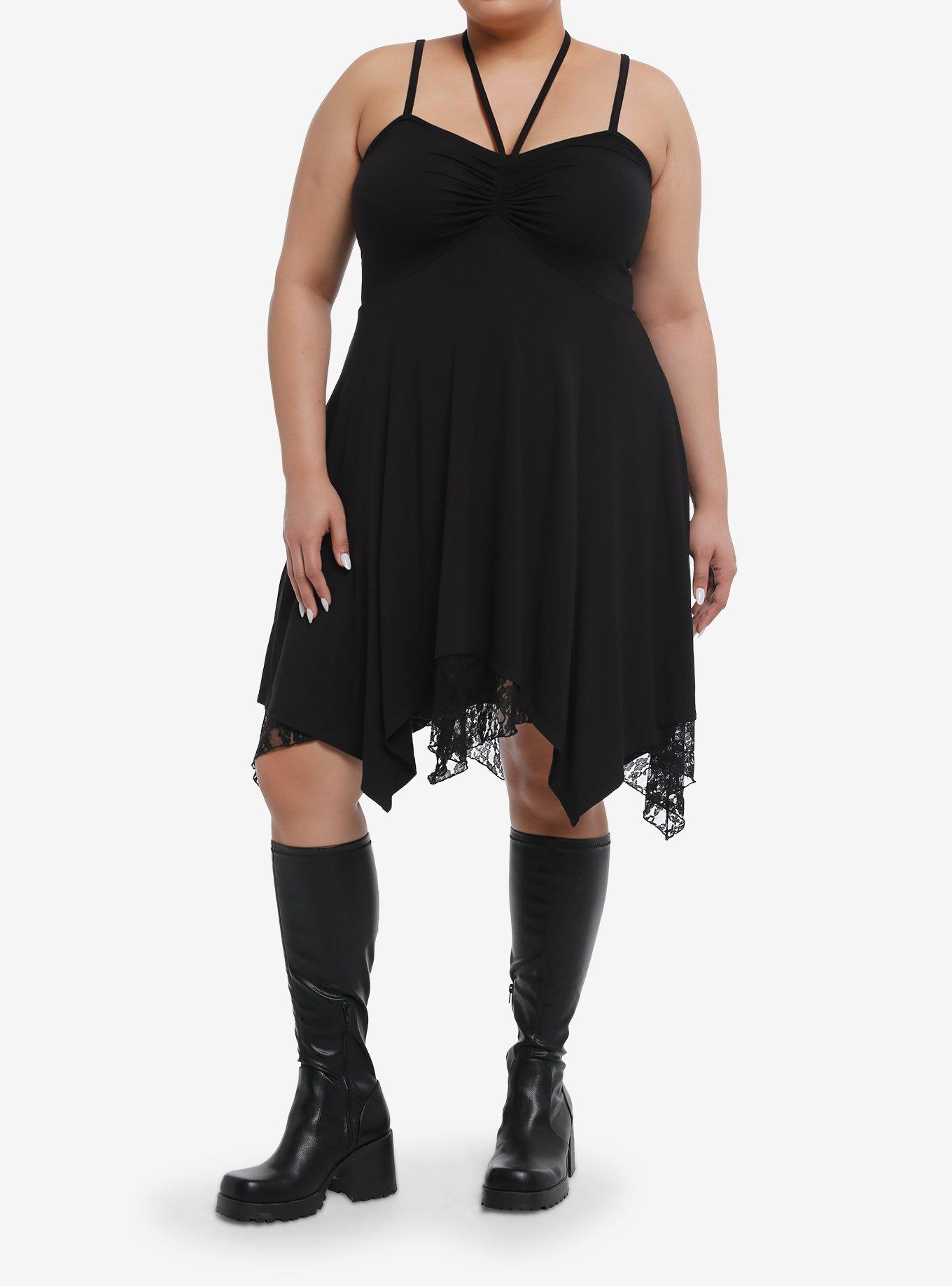 Black Tiered Ruched Halter Dress Plus Size, , hi-res