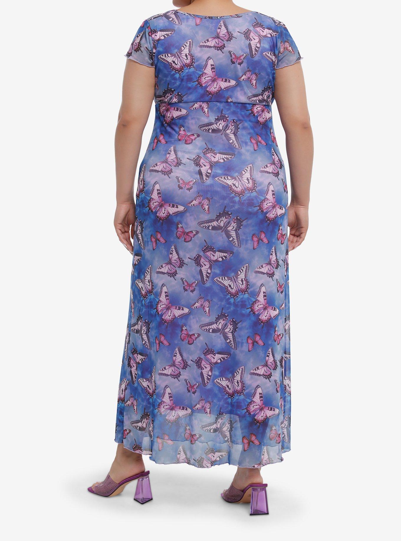 Sweet Society Blue Butterfly Mesh Midi Dress Plus Size, , hi-res