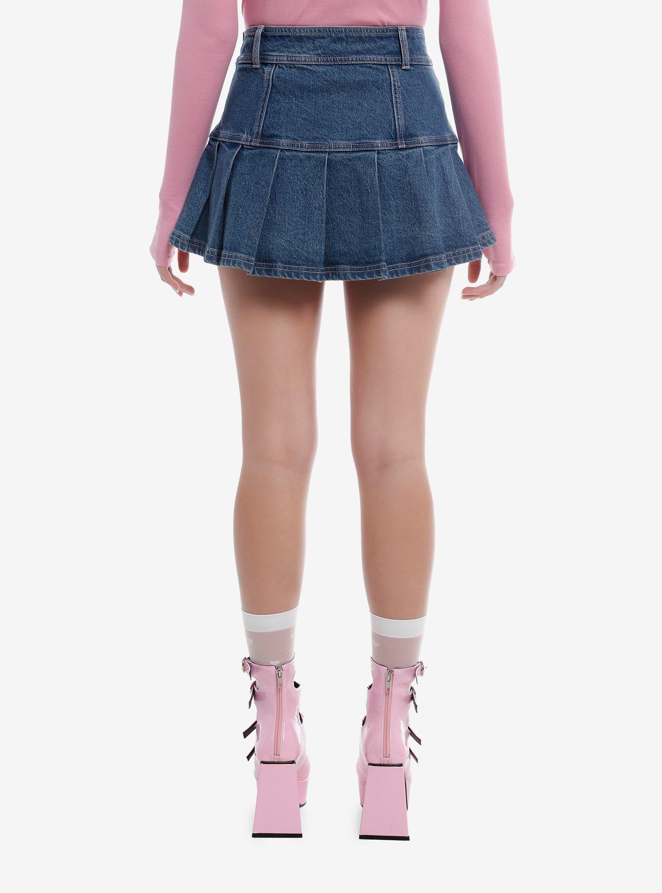 Sweet Society Heart Patch Pleated Denim Skirt, , hi-res