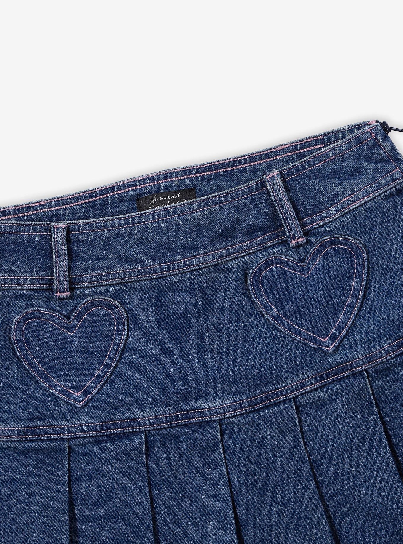 Sweet Society Heart Patch Pleated Denim Skirt, INDIGO DARK, alternate