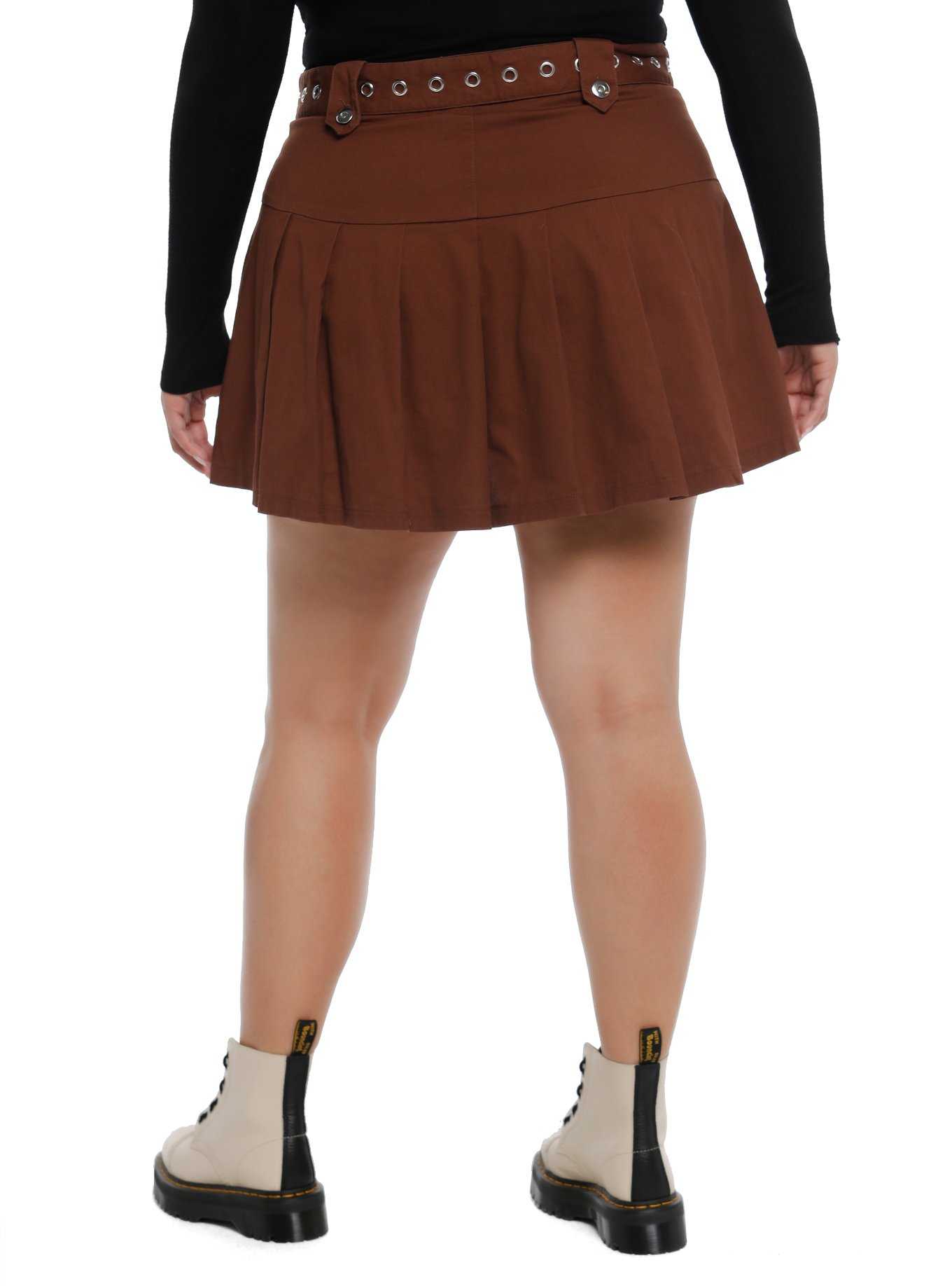 Brown Low-Rise Button Skirt With Belt Plus Size, , hi-res