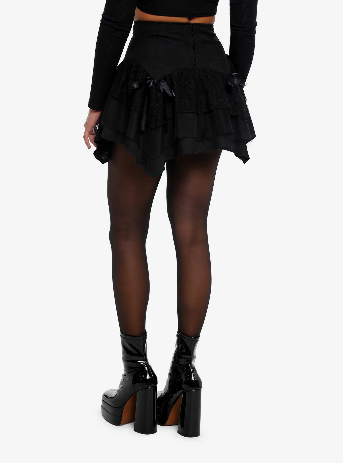 Black Lace-Up Tiered Hanky Hem Skirt, , hi-res