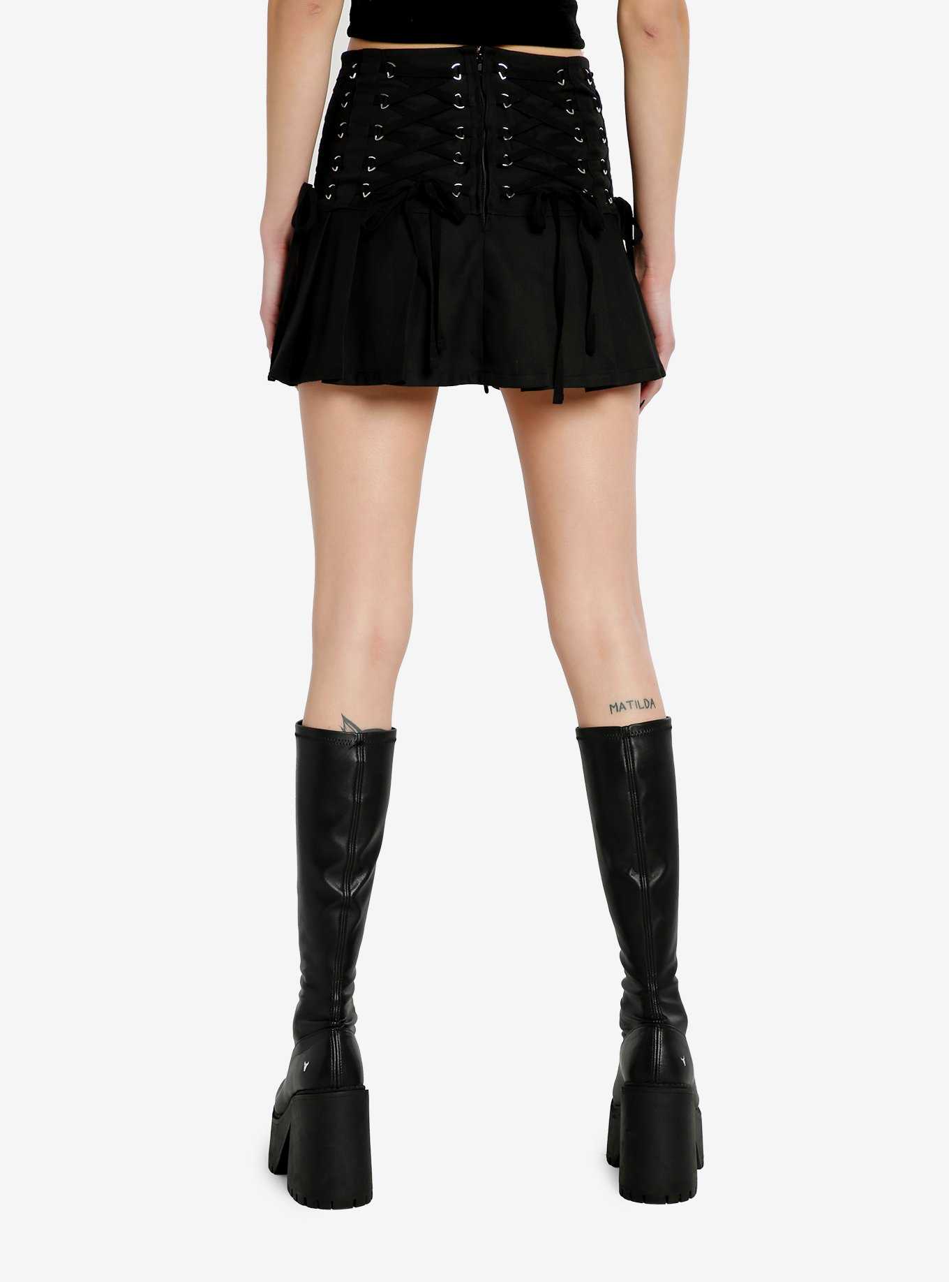 Black Lace-Up Waistband Pleated Mini Skirt, , hi-res