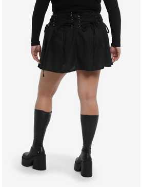 Black Lace-Up Waistband Pleated Mini Skirt Plus Size, , hi-res