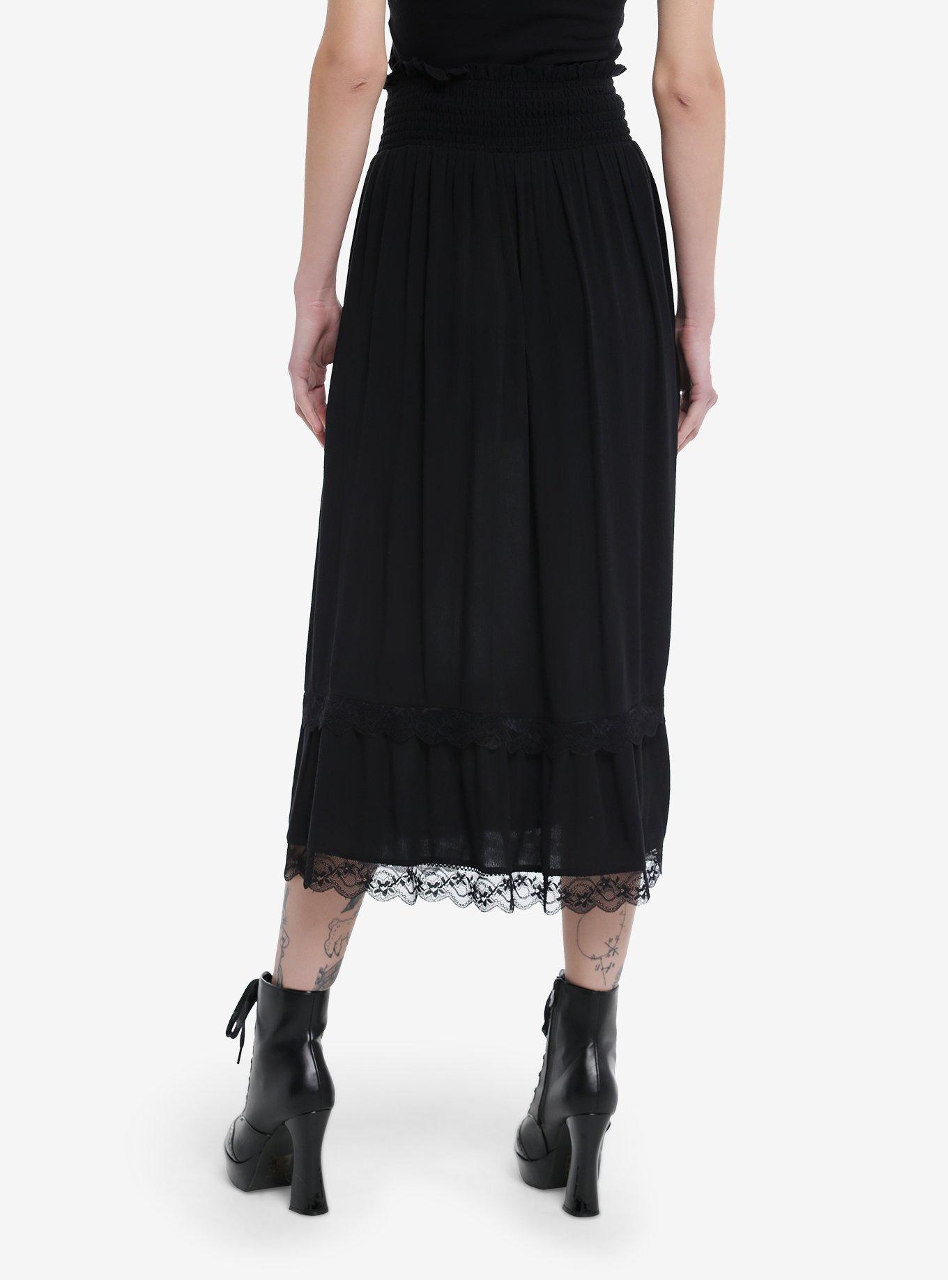 Black Lace Ruched Midi Skirt