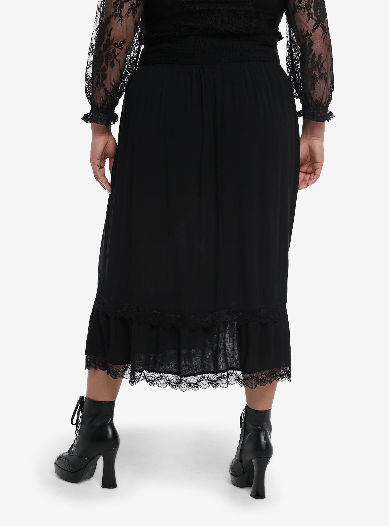 Black Lace Ruched Midi Skirt Plus Size, , hi-res