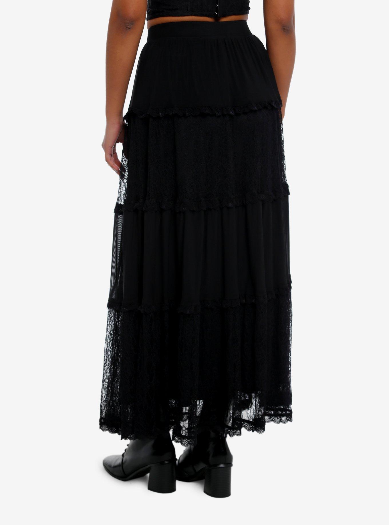 Black Lace Tiered Maxi Skirt, BLACK, alternate