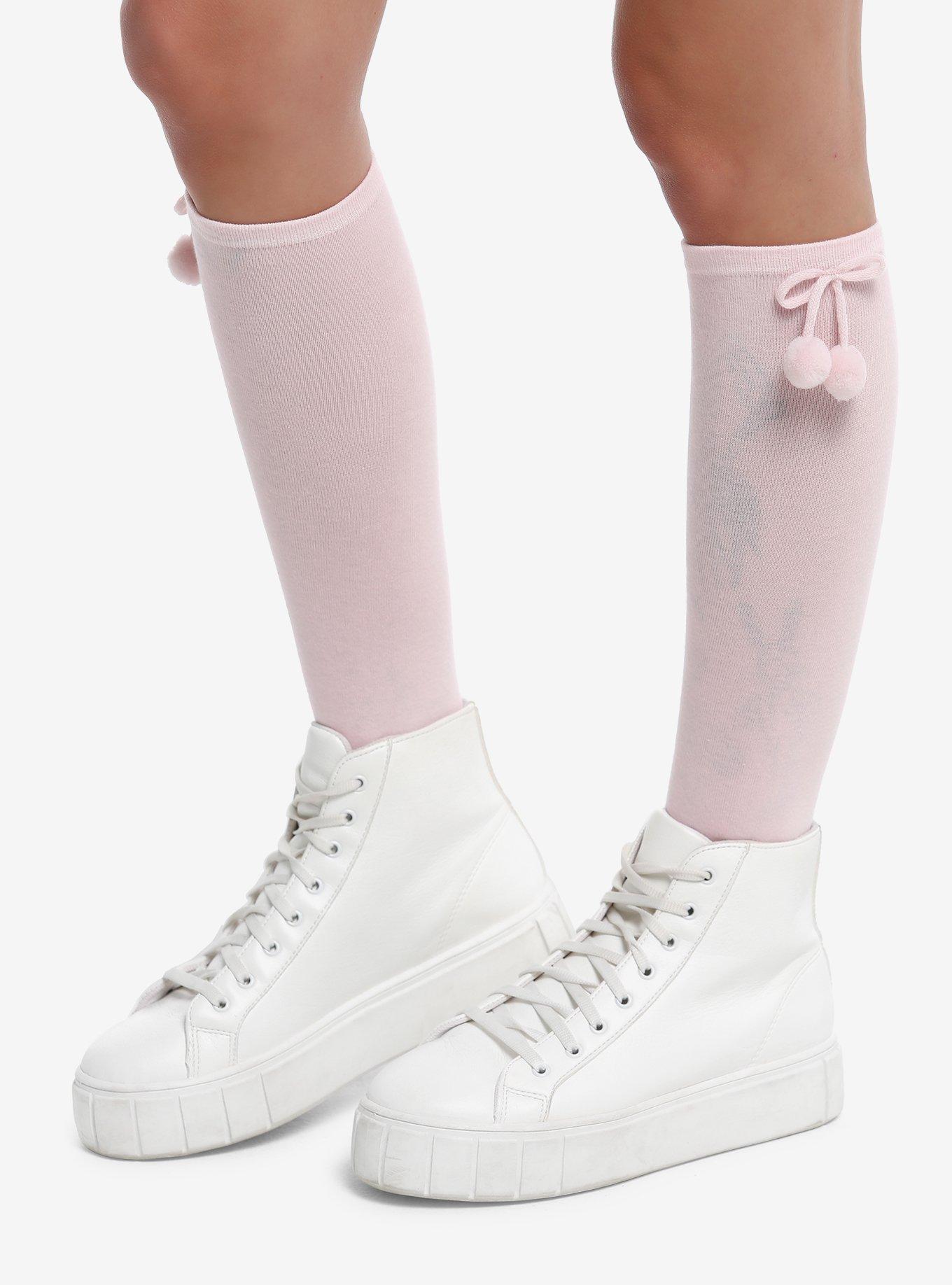 Pink Pom Knee-High Socks, , alternate
