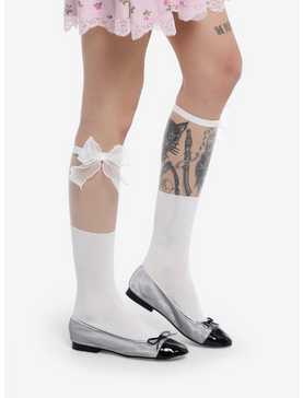 White Sheer Bow Knee-High Socks, , hi-res