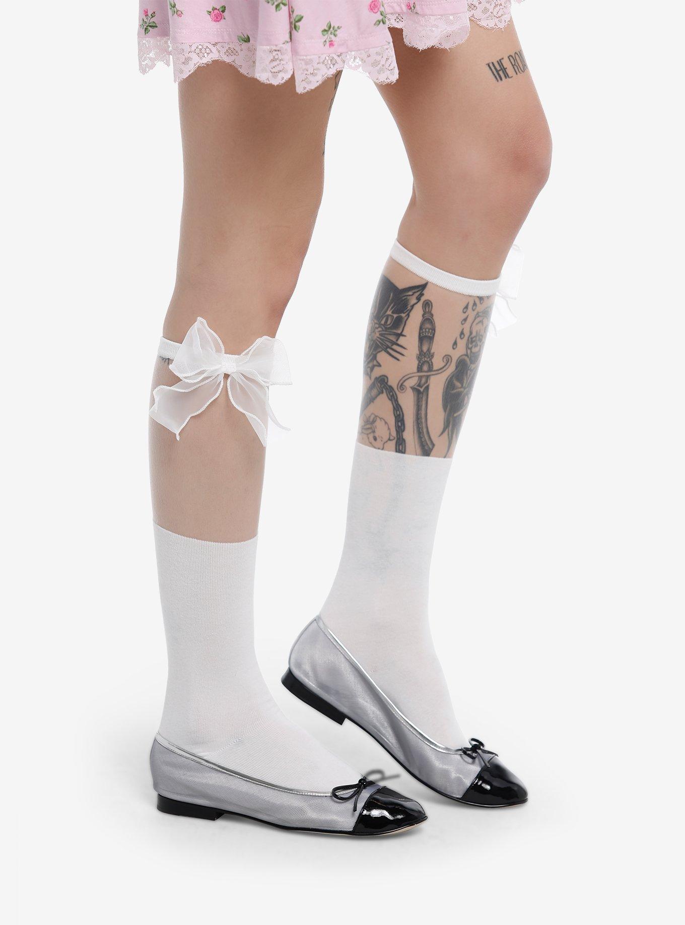 White Sheer Bow Knee-High Socks, , hi-res