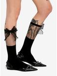 Black Mesh Bow Knee-High Socks, , alternate