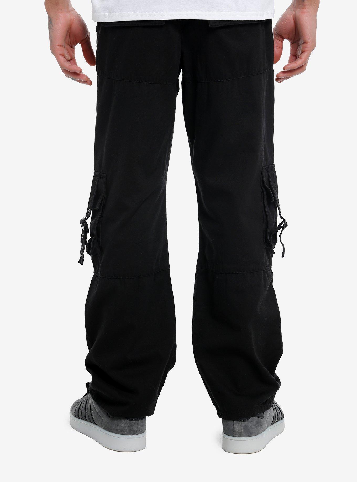 Black Zipper Cargo Strappy Pants, BLACK, alternate