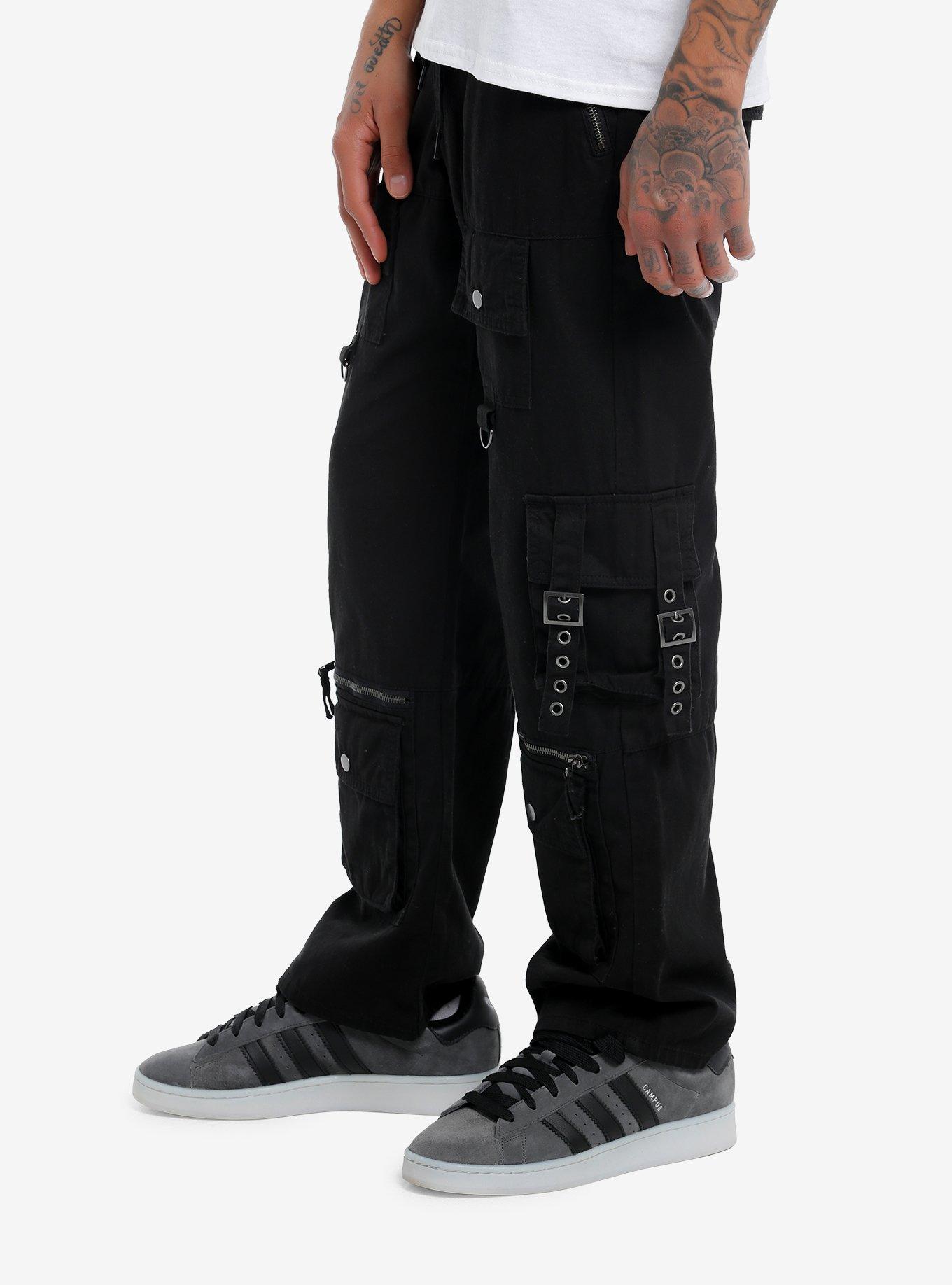 Black Zipper Cargo Strappy Pants, BLACK, alternate