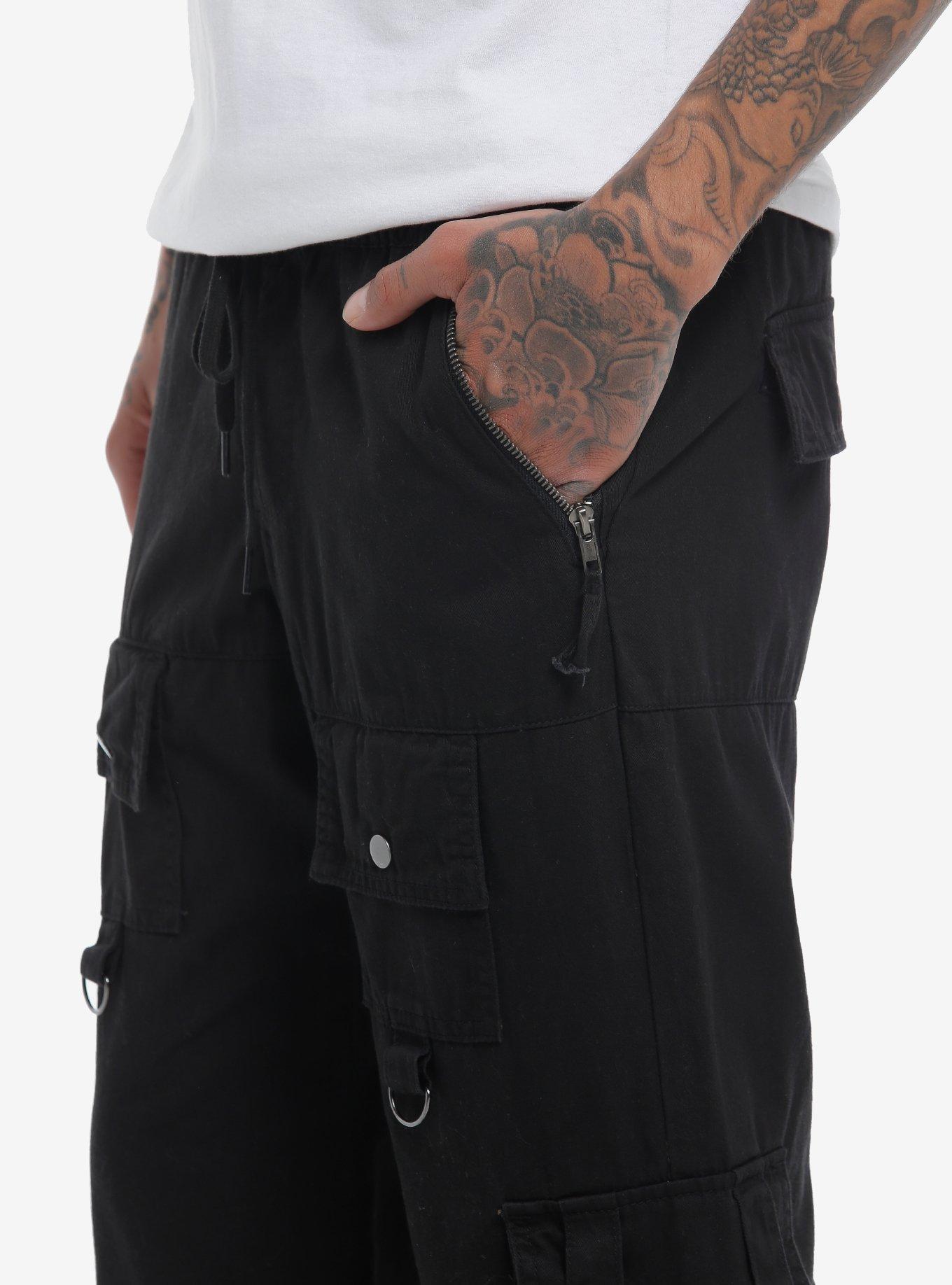 Black Zipper Cargo Strappy Pants, BLACK, alternate