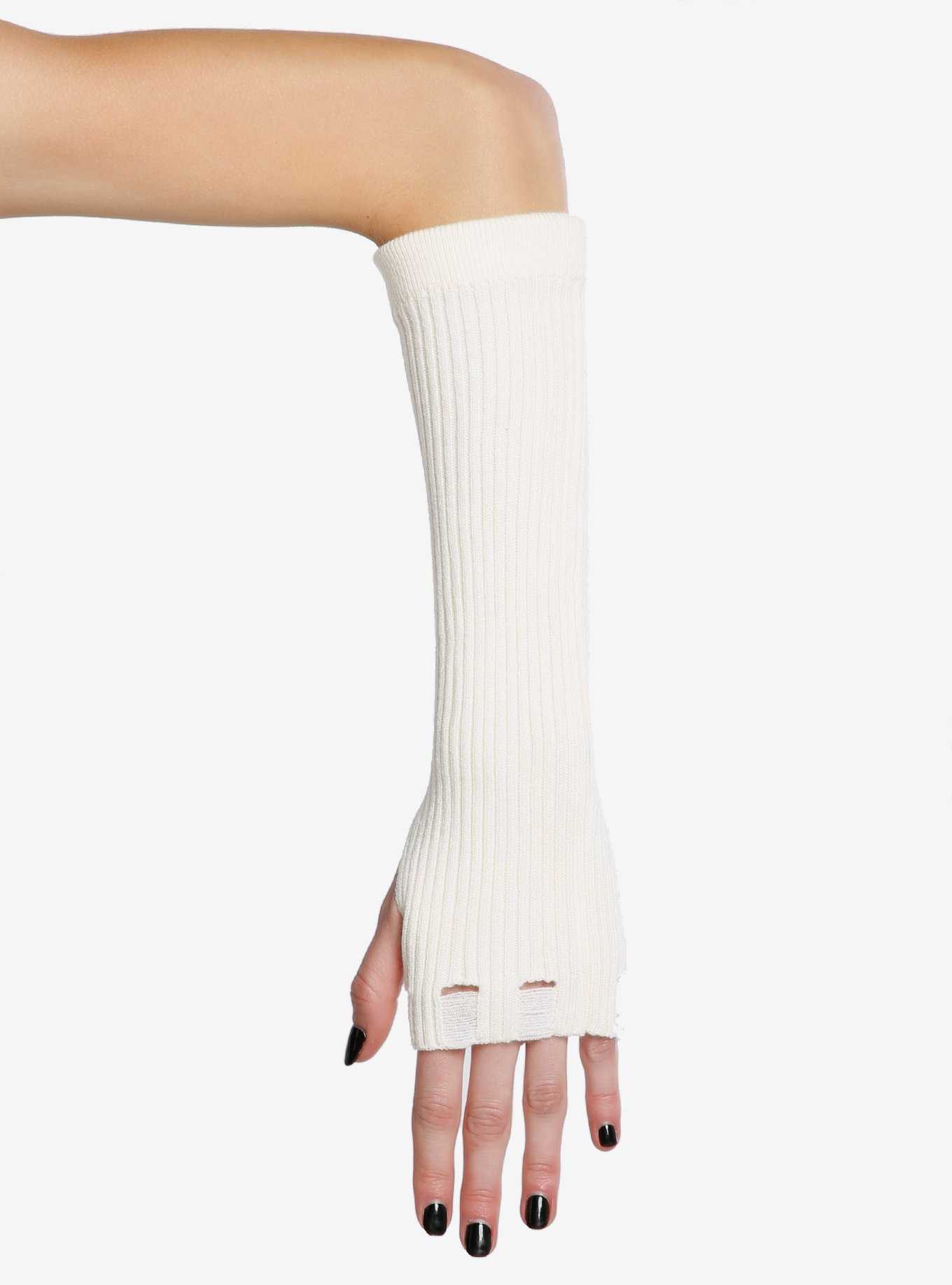 Cream Distressed Ribbed Arm Warmers, , hi-res