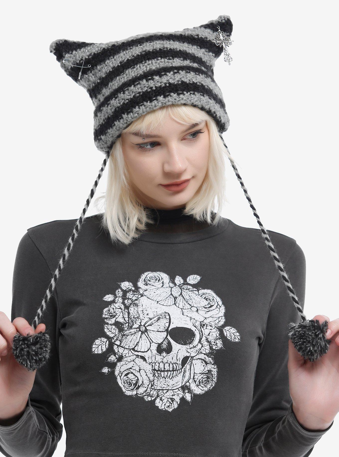 Grey & Black Stripe Safety Pin Ear Tassel Beanie