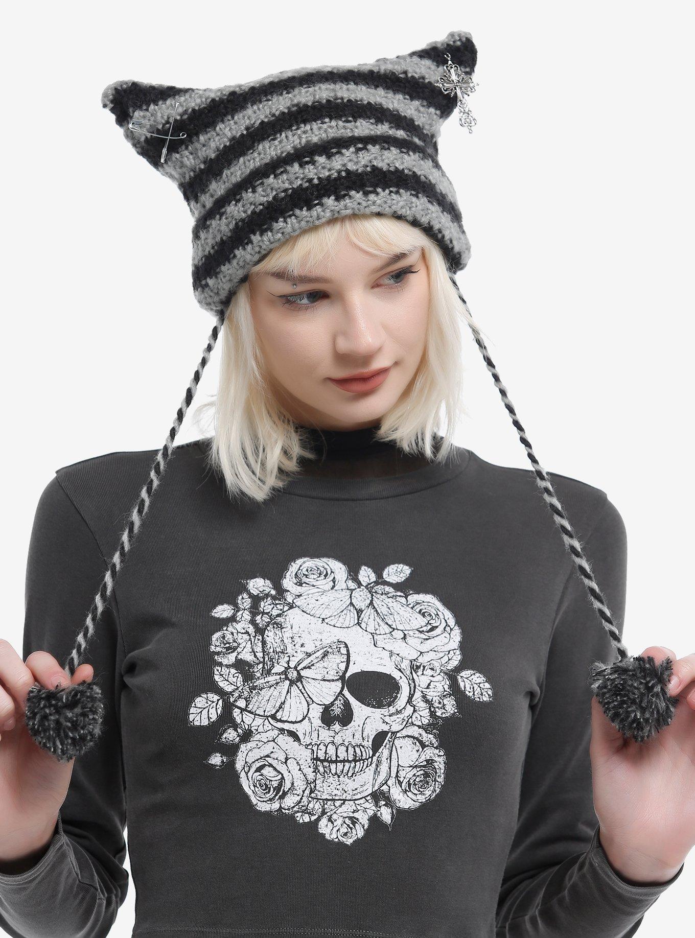 Grey & Black Stripe Safety Pin Ear Tassel Beanie, , hi-res