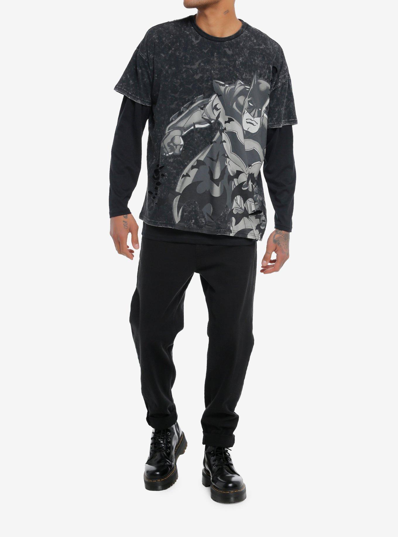 DC Comics Batman Bats Grey Wash Twofer Long-Sleeve T-Shirt, BLACK, alternate