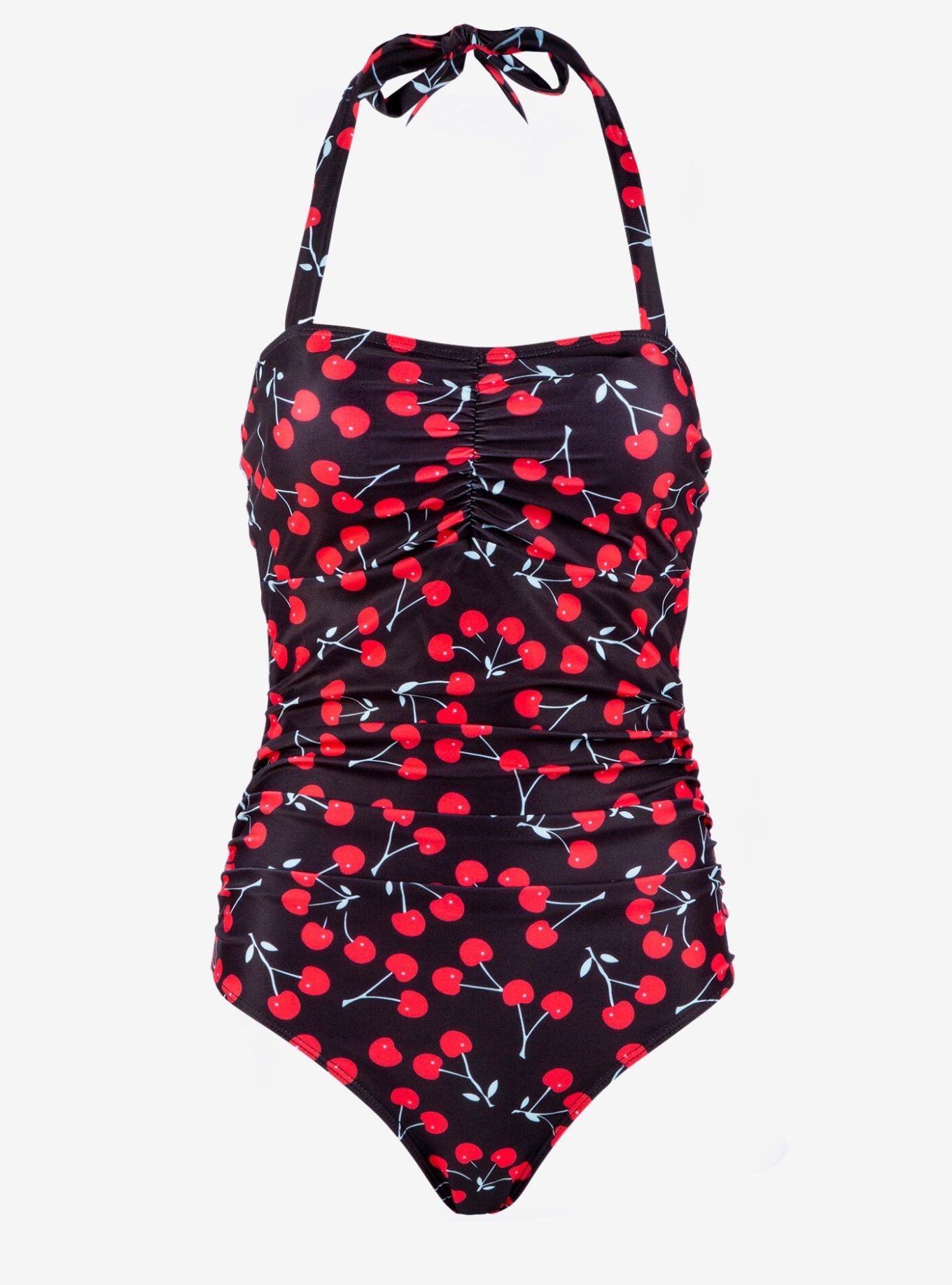 Retro Cherry Print One Piece Swimsuit, MULTICOLOR, alternate