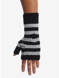 Black & Grey Stripe Distressed Fingerless Gloves, , alternate