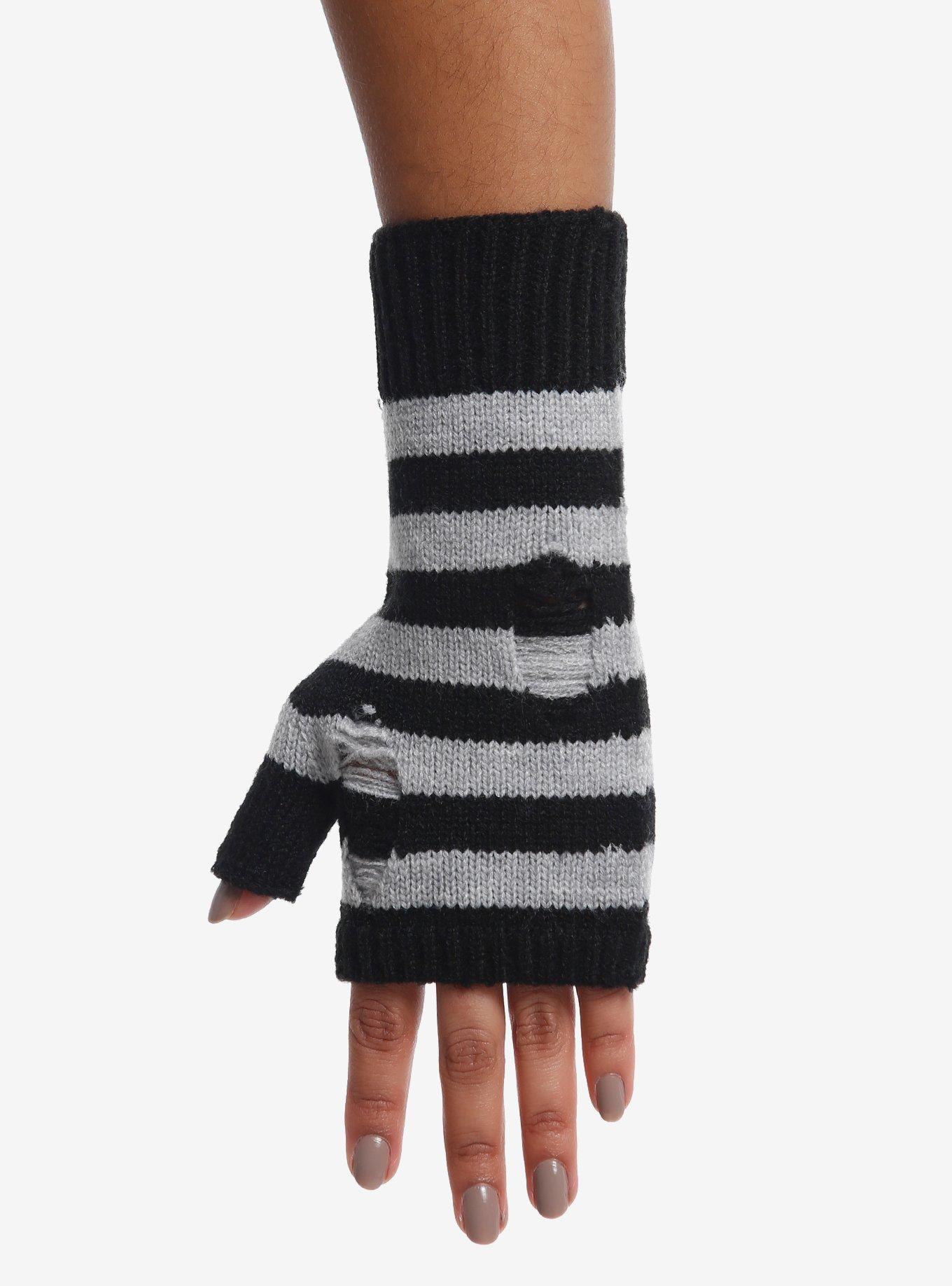 Black & Grey Stripe Distressed Fingerless Gloves, , alternate