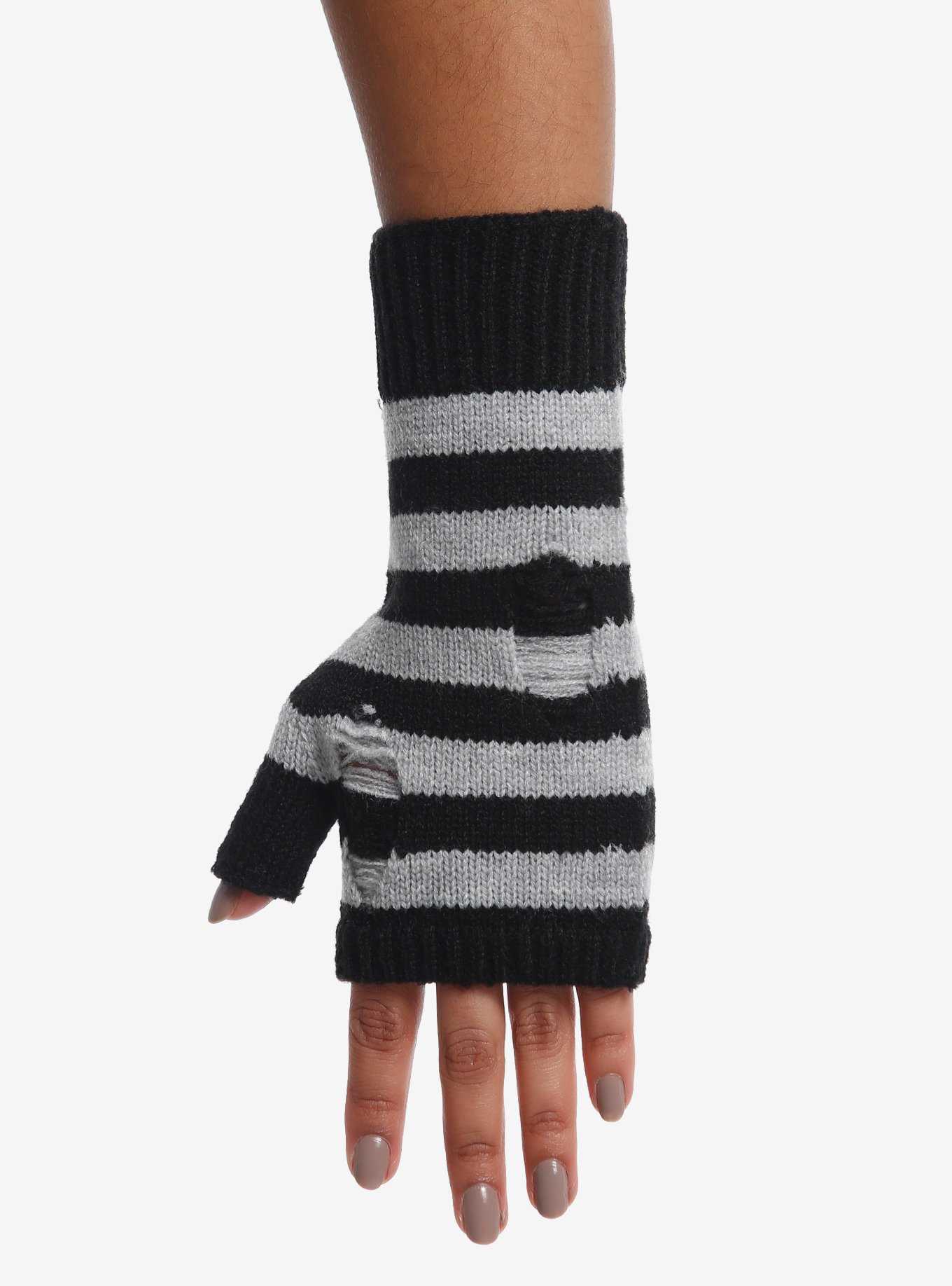 Black & Grey Stripe Distressed Fingerless Gloves, , hi-res