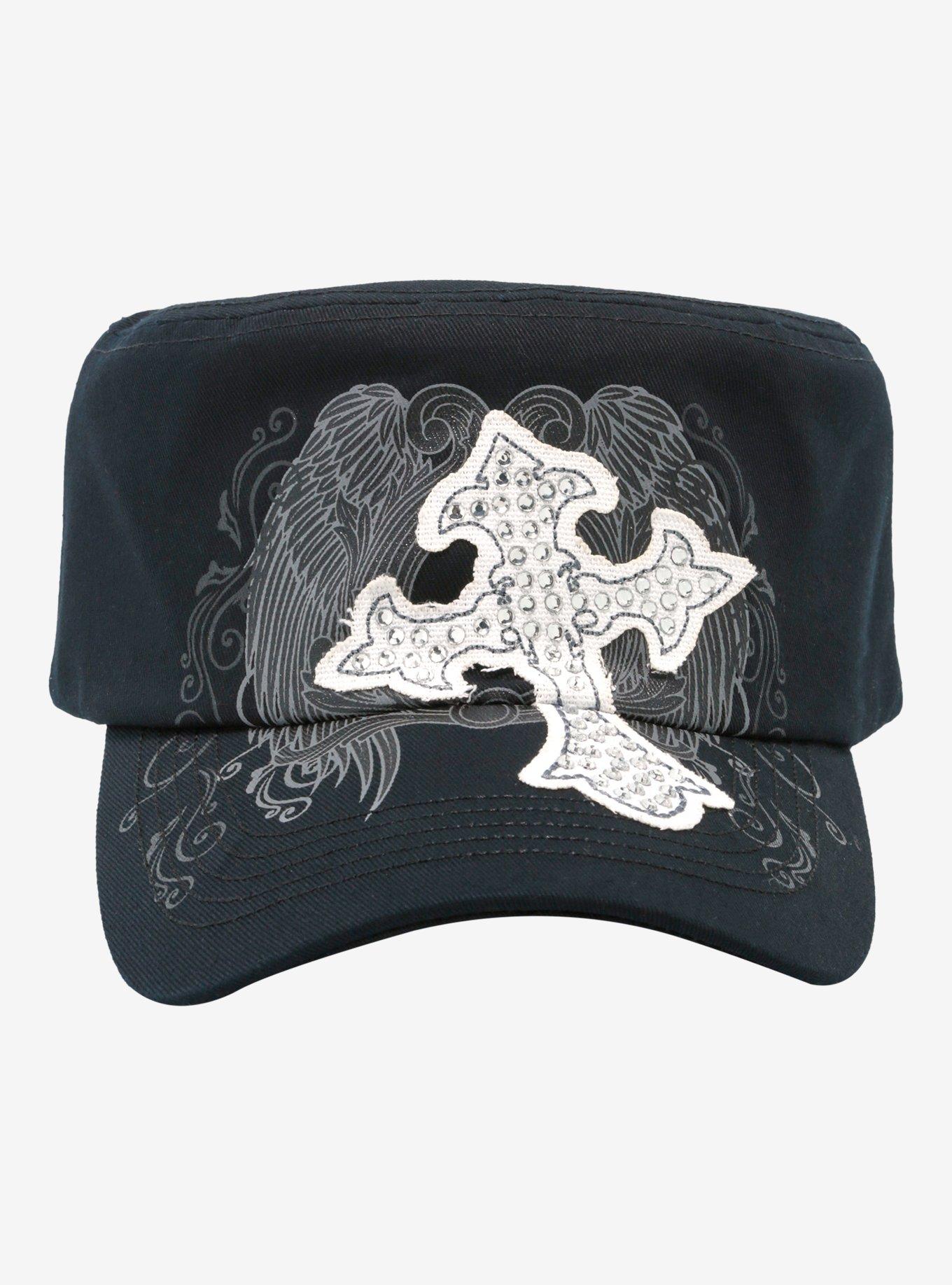 Grunge Cross Rhinestone Cadet Hat, , alternate