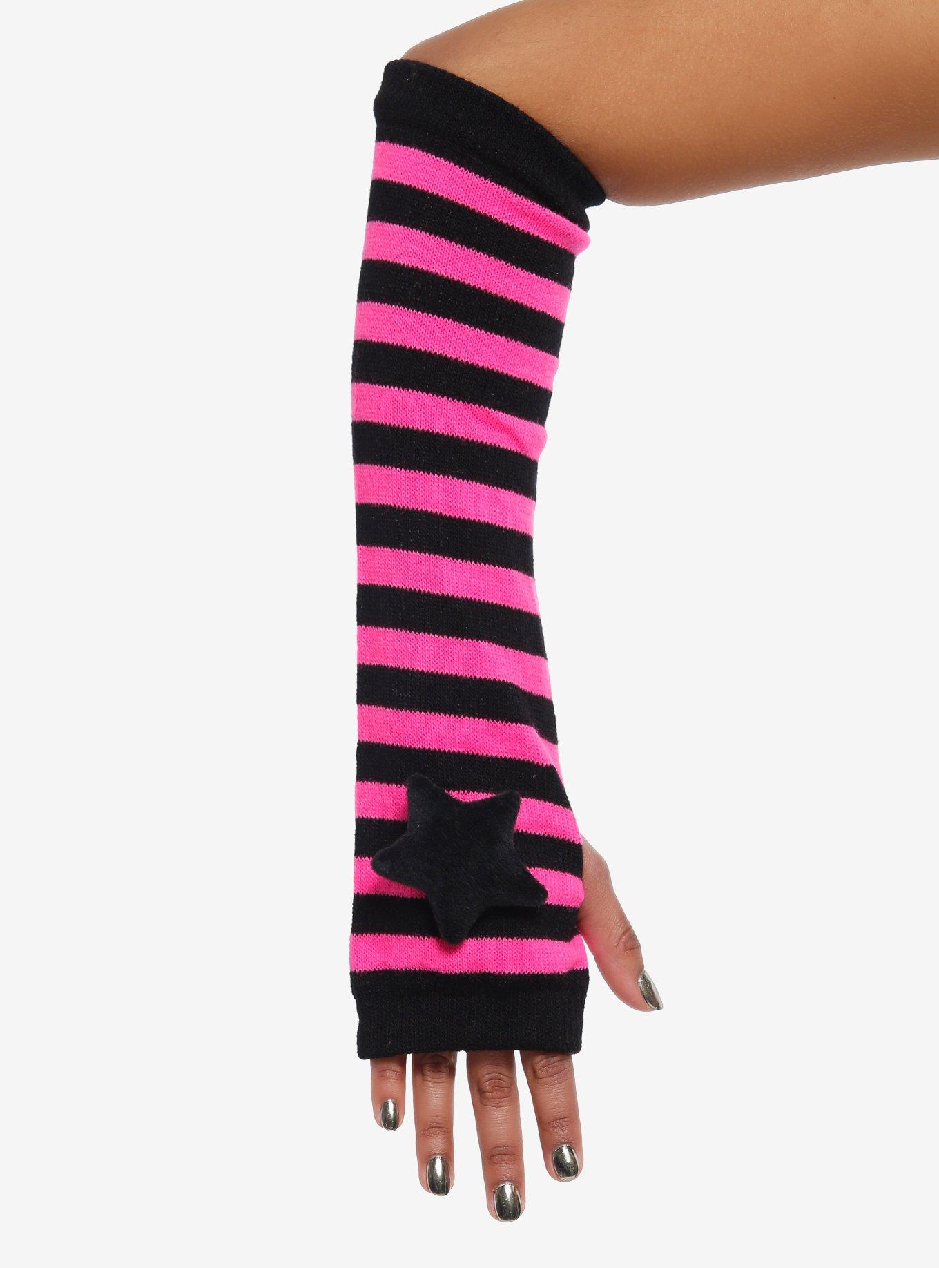 Pink & Black Stripe Star Plush Arm Warmers, , hi-res
