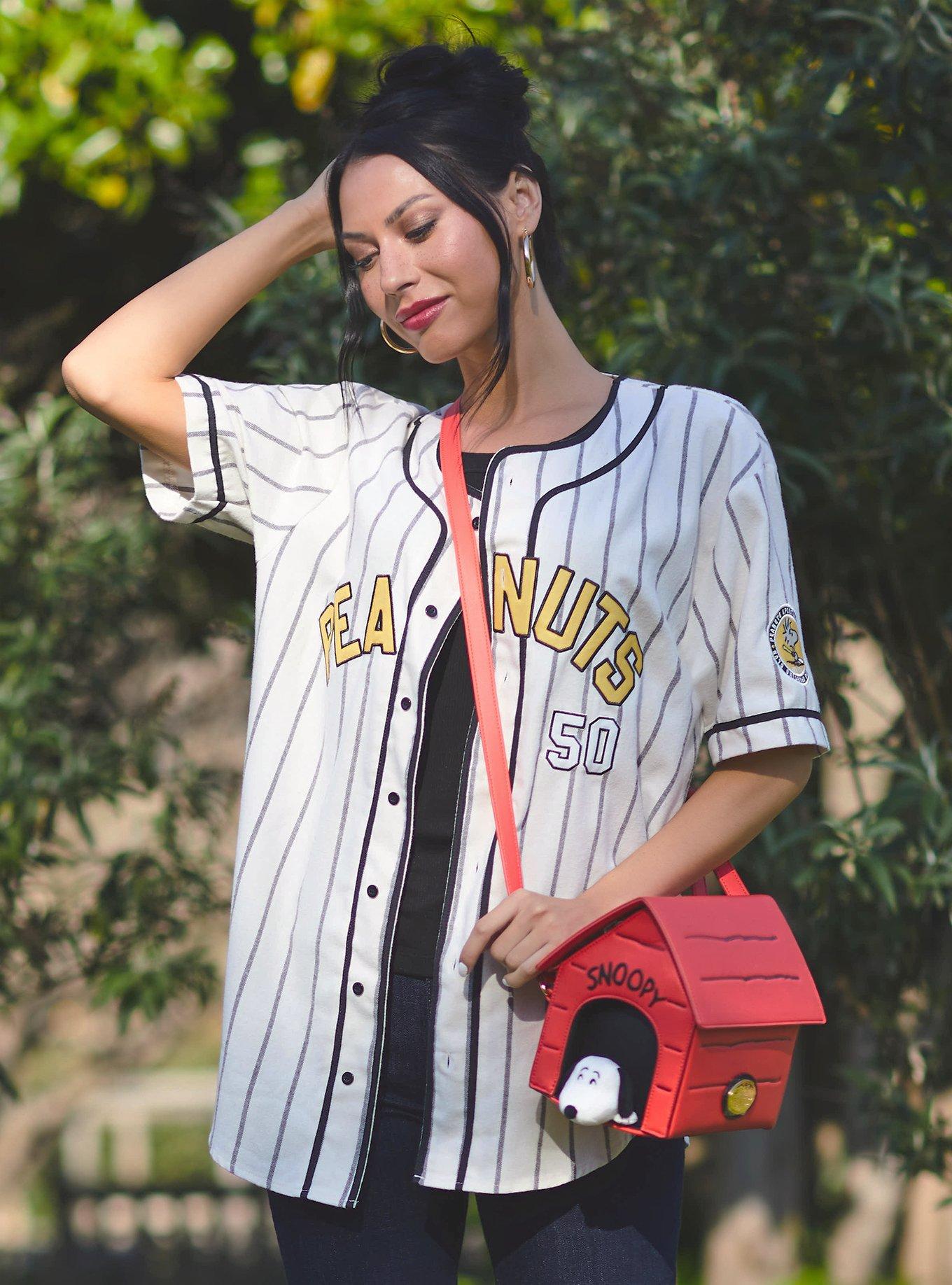 Peanuts Snoopy and Woodstock Striped Baseball Jersey, OFF WHITE, alternate