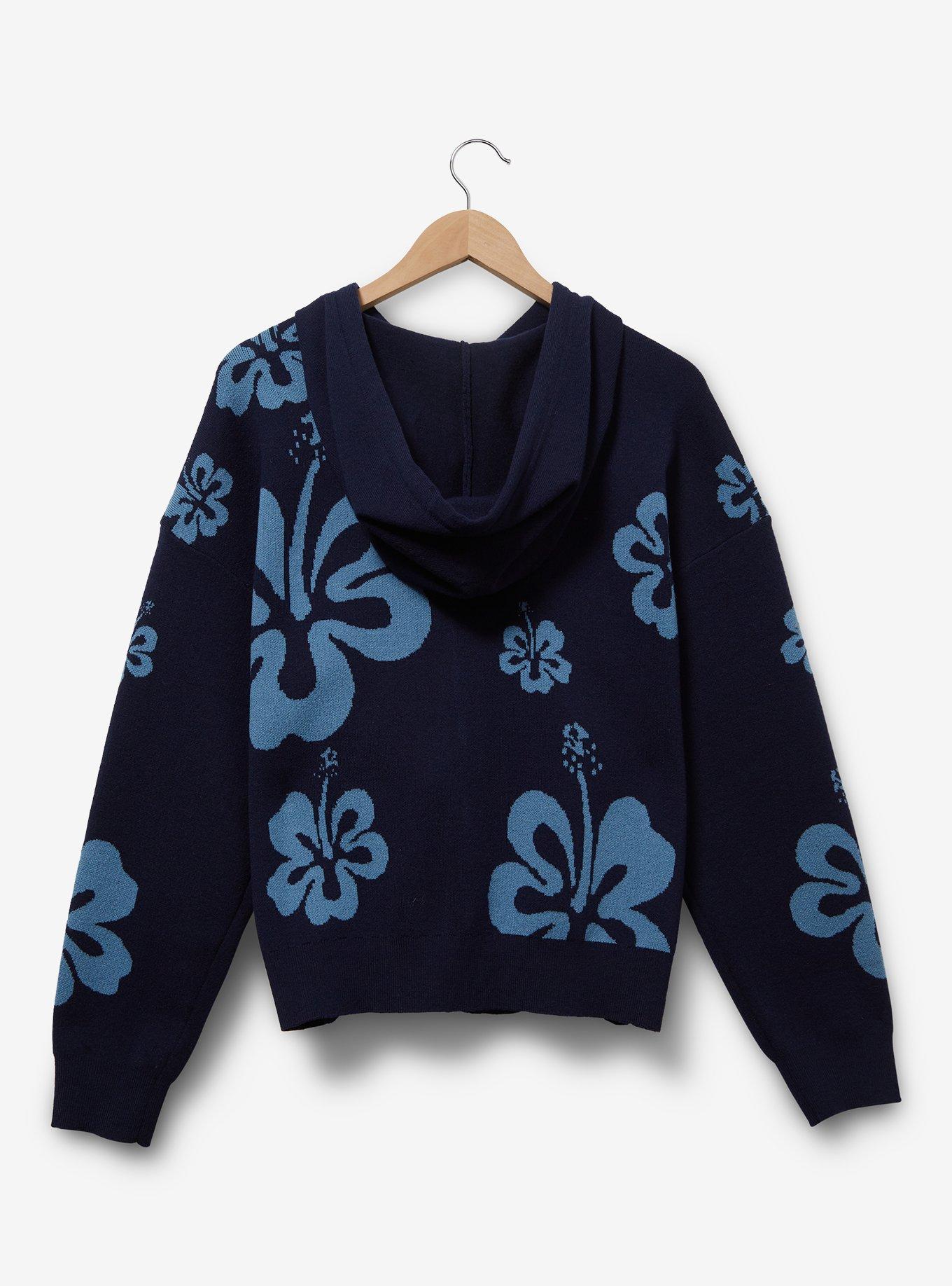 Her Universe Disney Lilo & Stitch Hibiscus Flower Stitch Knit Hoodie Plus Size, NAVY, alternate