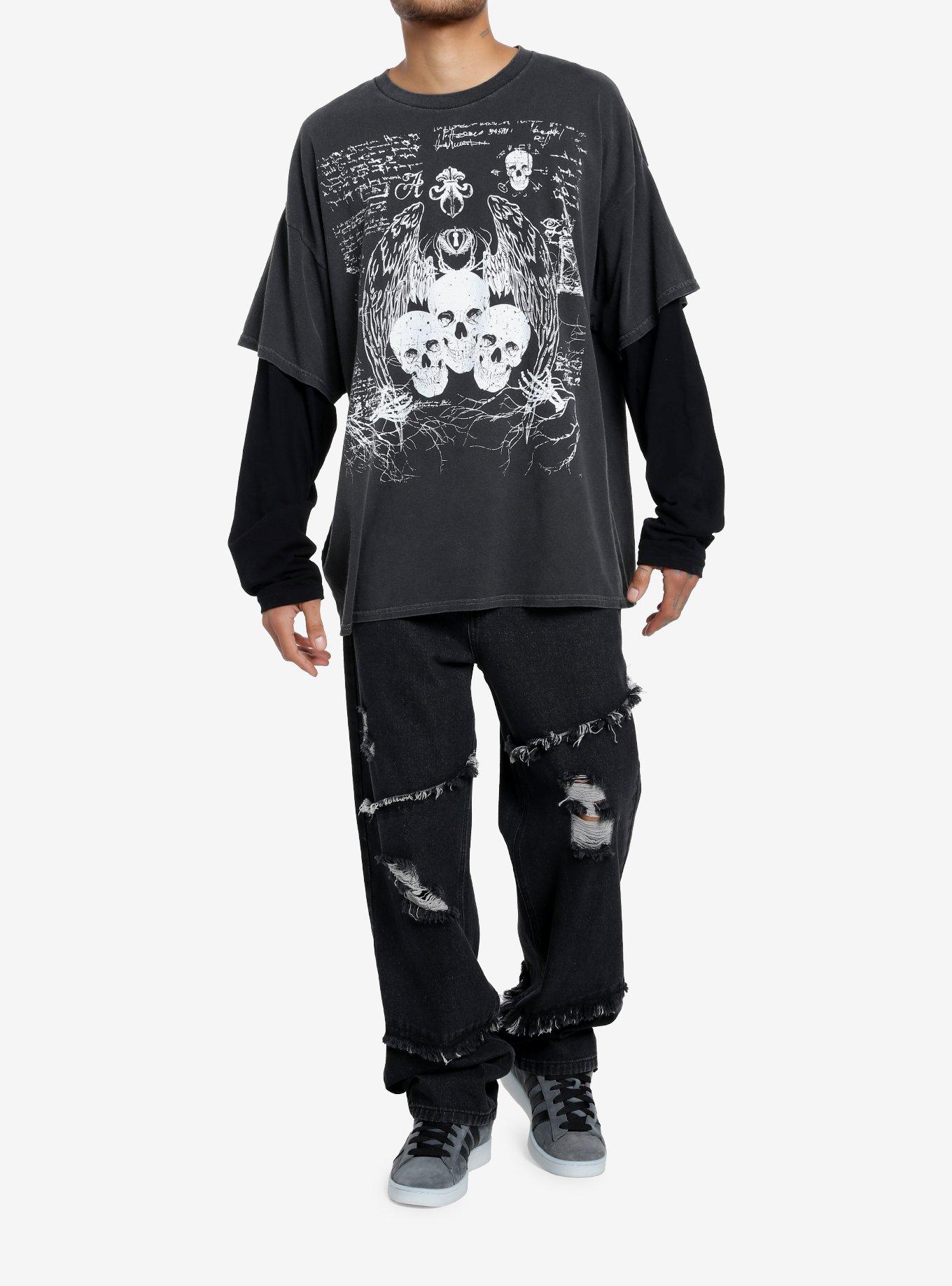 Social Collision Skulls Sketch Oversized Twofer Long-Sleeve T-Shirt, , hi-res