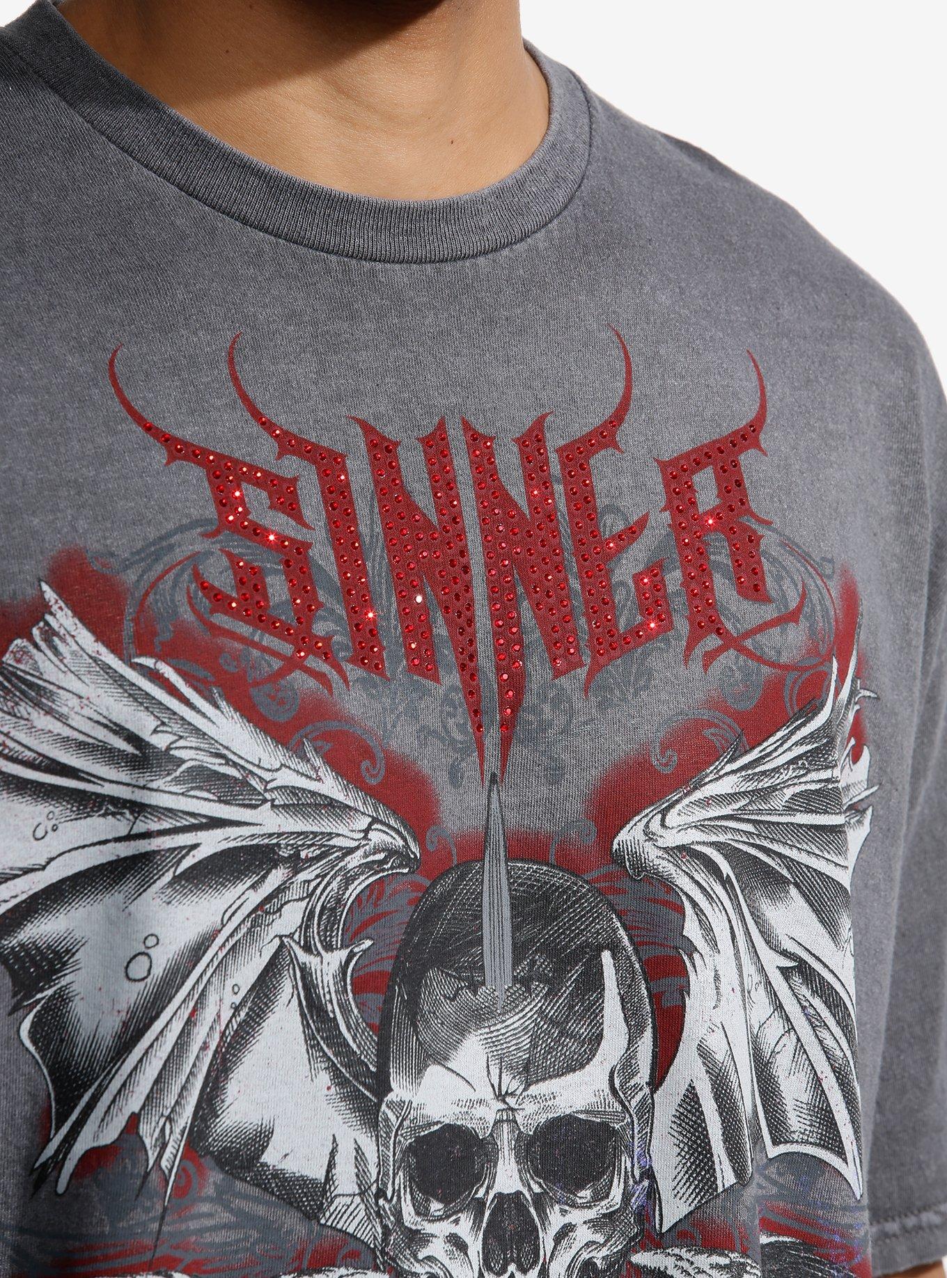 Social Collision® Sinner Rhinestone Skull Oversized T-Shirt, RED, alternate