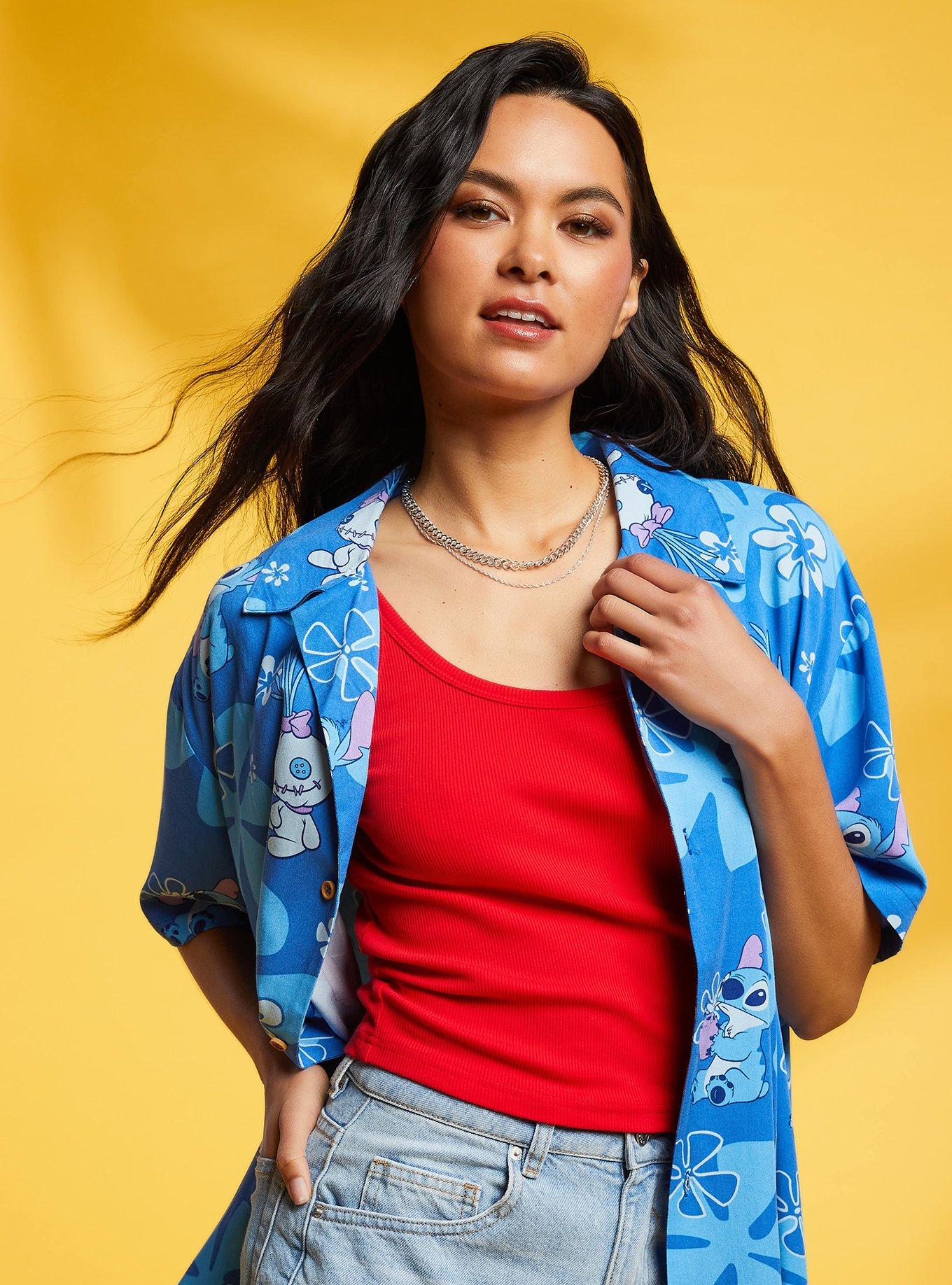 Disney Lilo & Stitch Scrump and Stitch Floral Allover Print Button-Up - BoxLunch Exclusive, BLUE, alternate