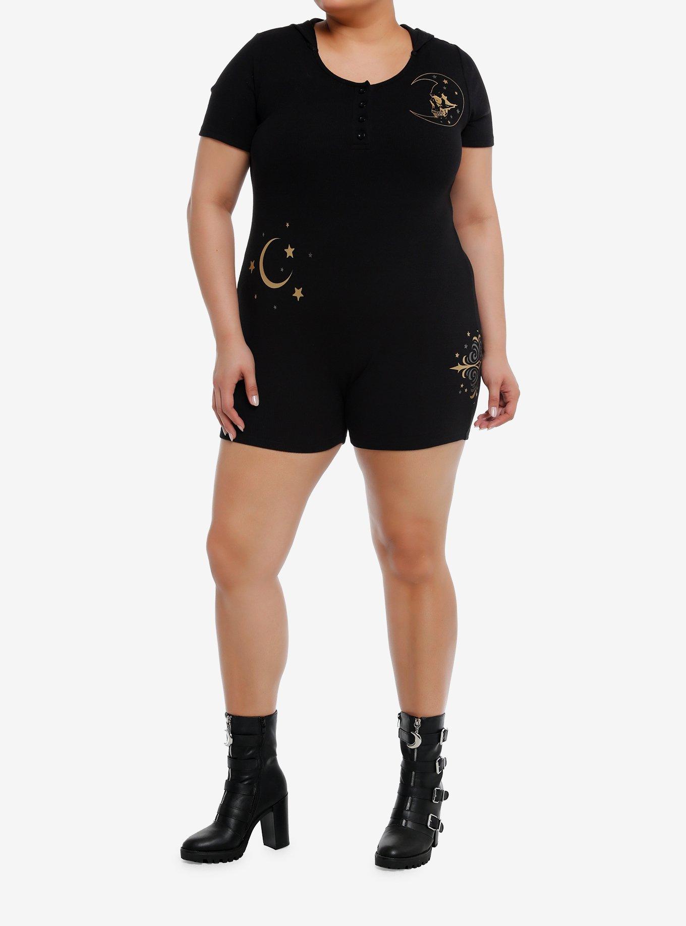 Cosmic Aura Celestial Skull Hooded Romper Plus Size, BLACK, alternate