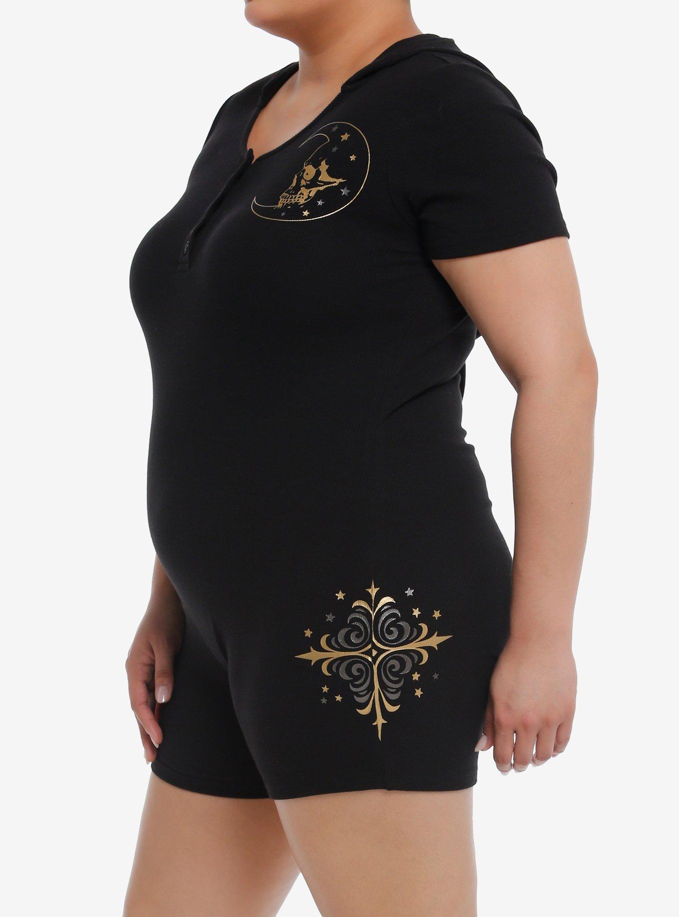 Cosmic Aura Celestial Skull Hooded Romper Plus Size, BLACK, alternate