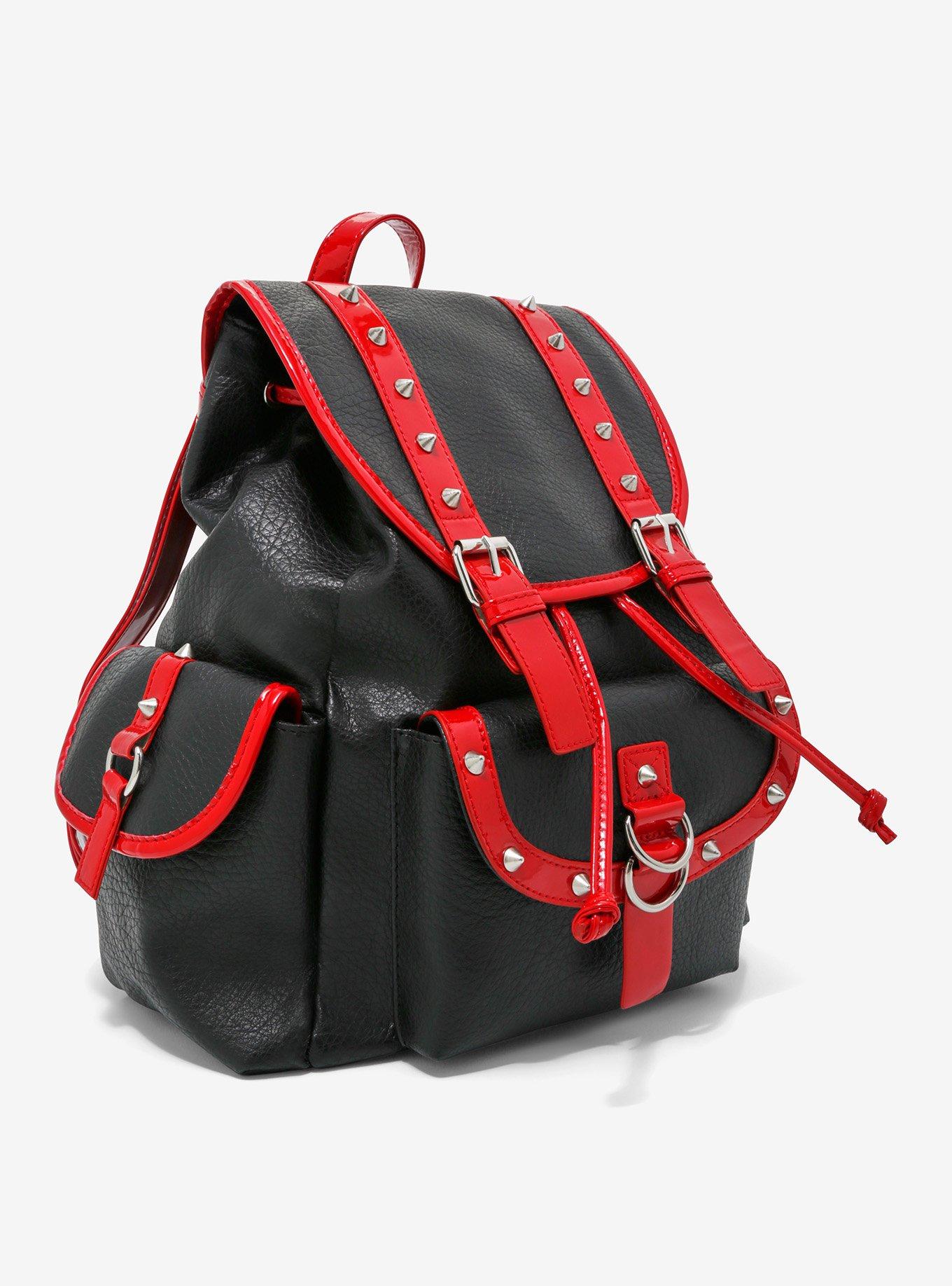Red & Black Spike Faux Leather Slouch Backpack, , alternate