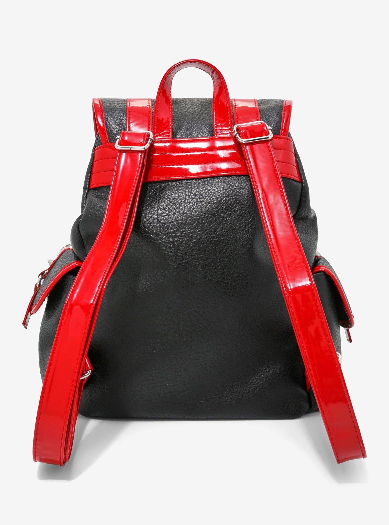 Red & Black Spike Faux Leather Slouch Backpack, , alternate