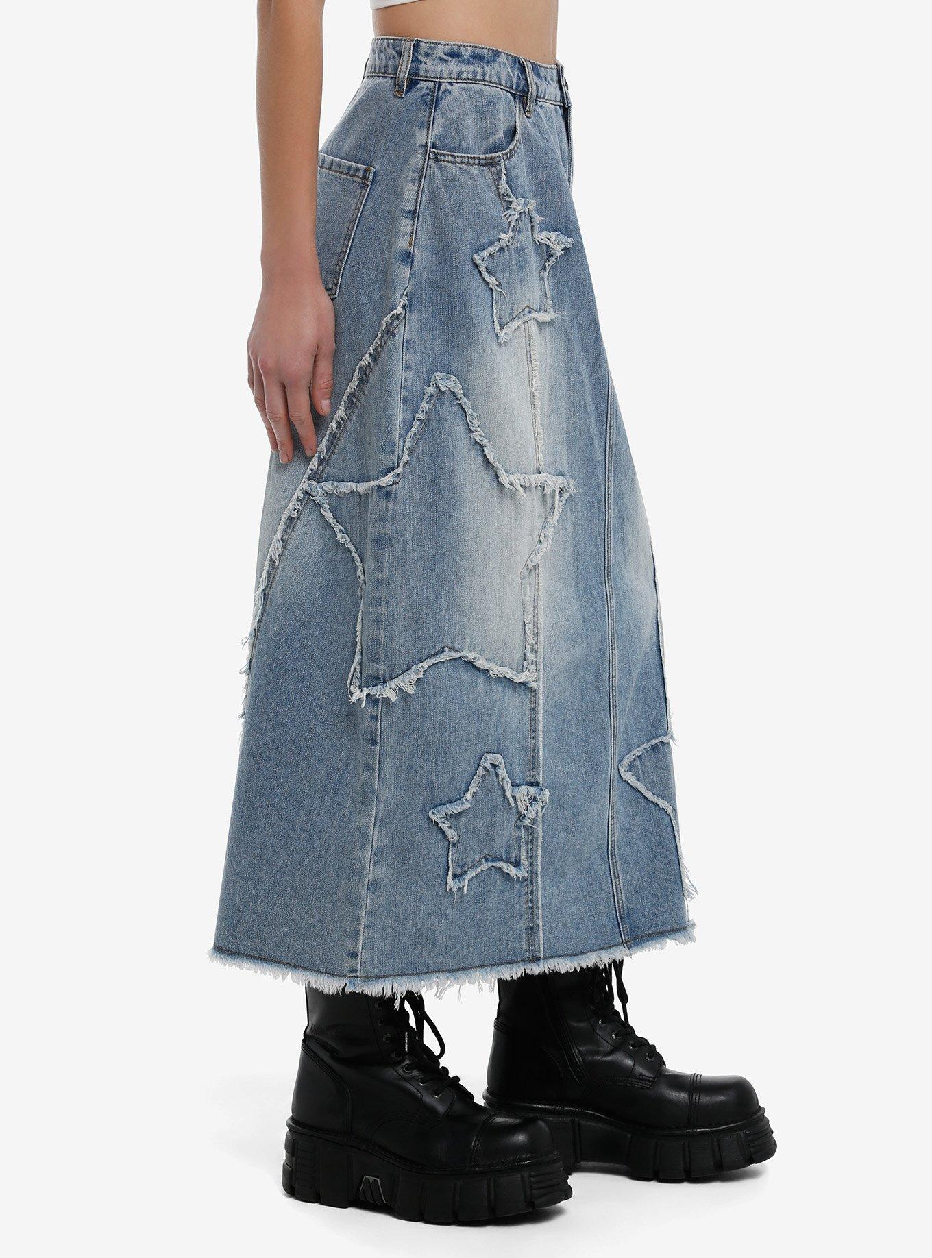 Social Collision Star Patches Denim Midaxi Skirt, INDIGO, alternate