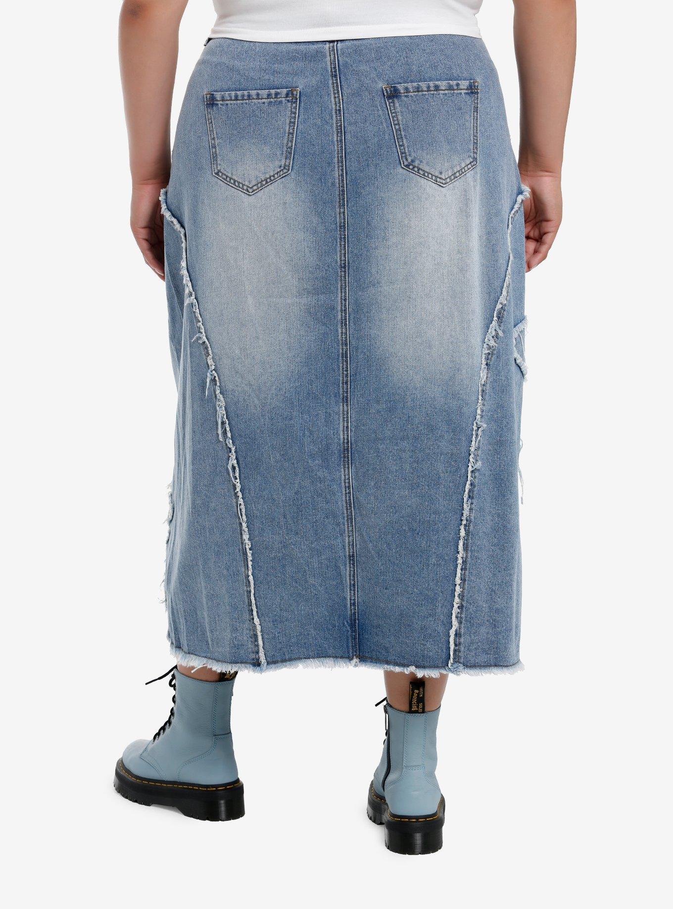 Social Collision Star Patches Denim Midaxi Skirt Plus Size, , hi-res