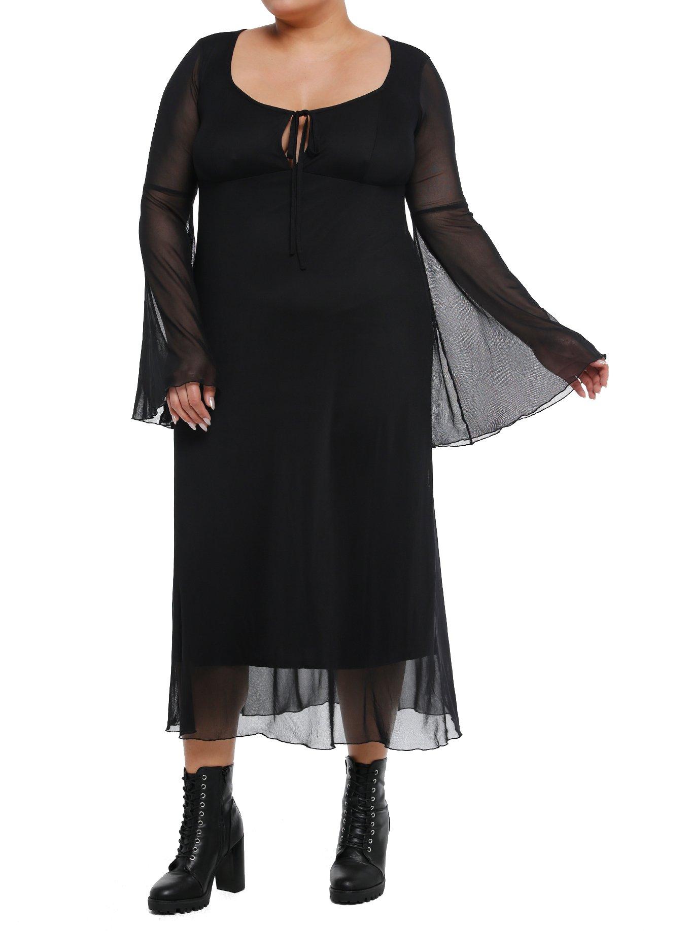 Cosmic Aura Black Mesh Bell Sleeve Midaxi Dress Plus Size, , hi-res