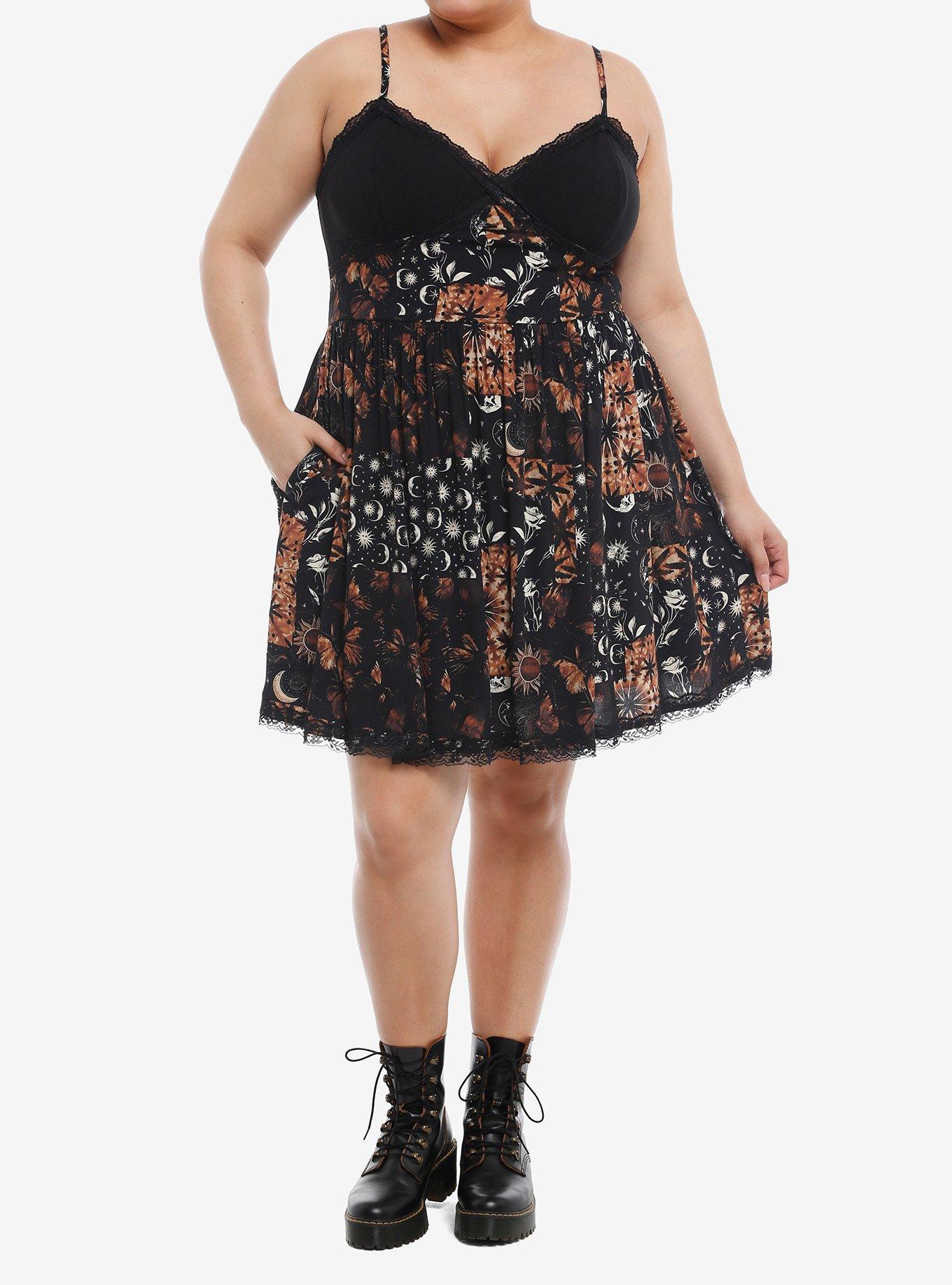 Cosmic Aura® Celestial Patchwork Slip Dress Plus Size, BLACK, alternate