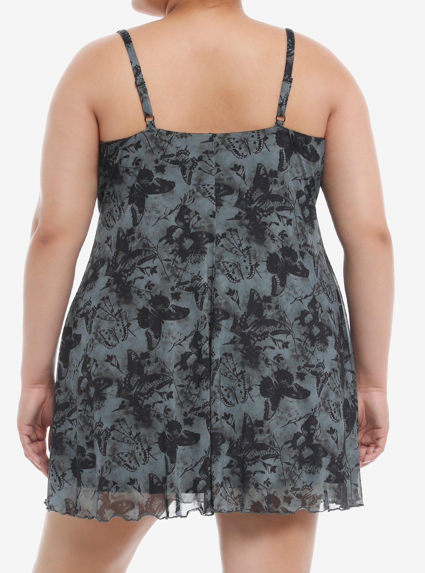 Cosmic Aura® Dark Butterfly Floral Mesh Cami Dress Plus Size, BLACK, alternate