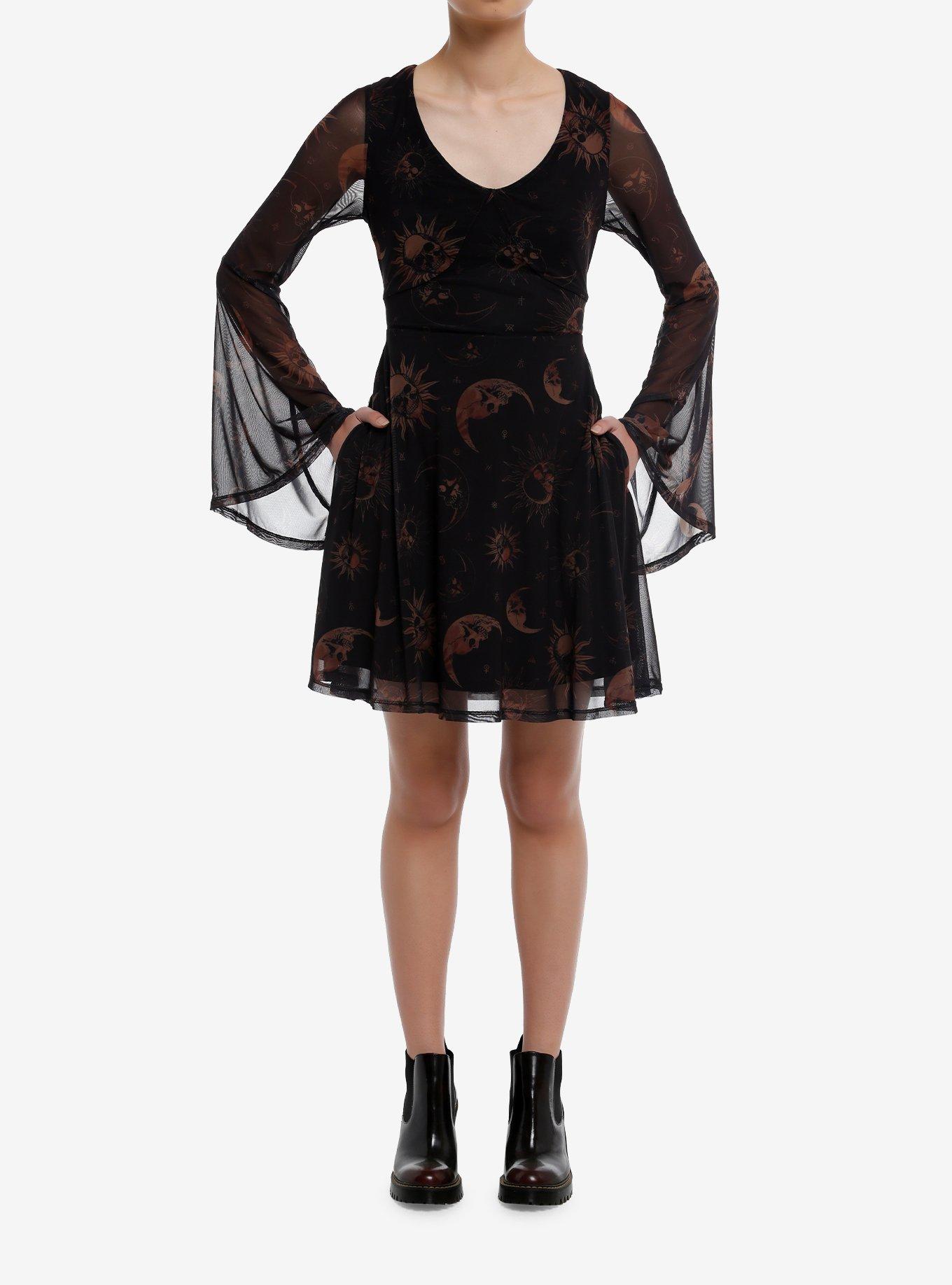 Cosmic Aura Skull Celestial Mesh Bell-Sleeve Dress, , hi-res