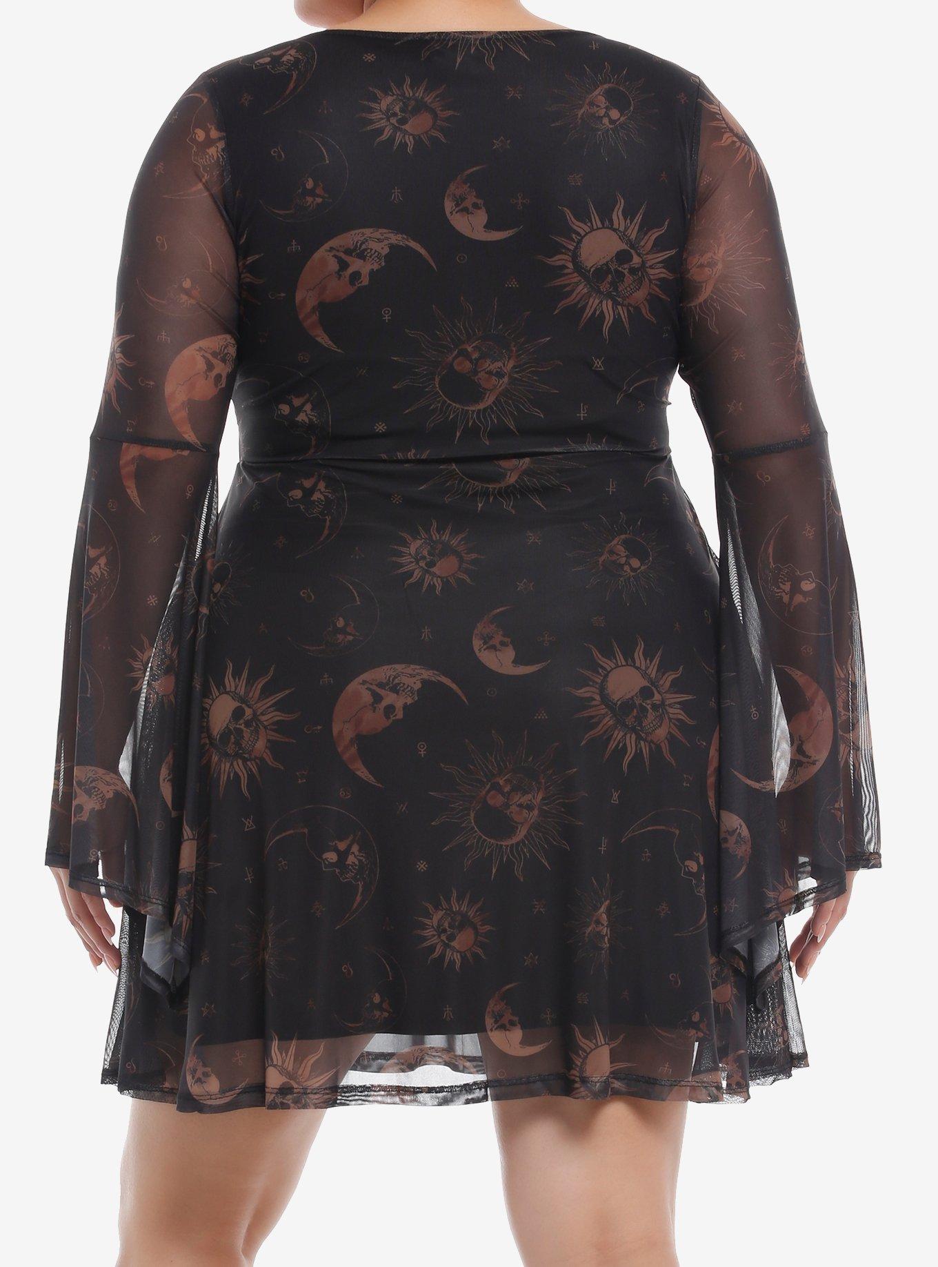 Cosmic Aura® Skull Celestial Mesh Bell-Sleeve Dress Plus Size