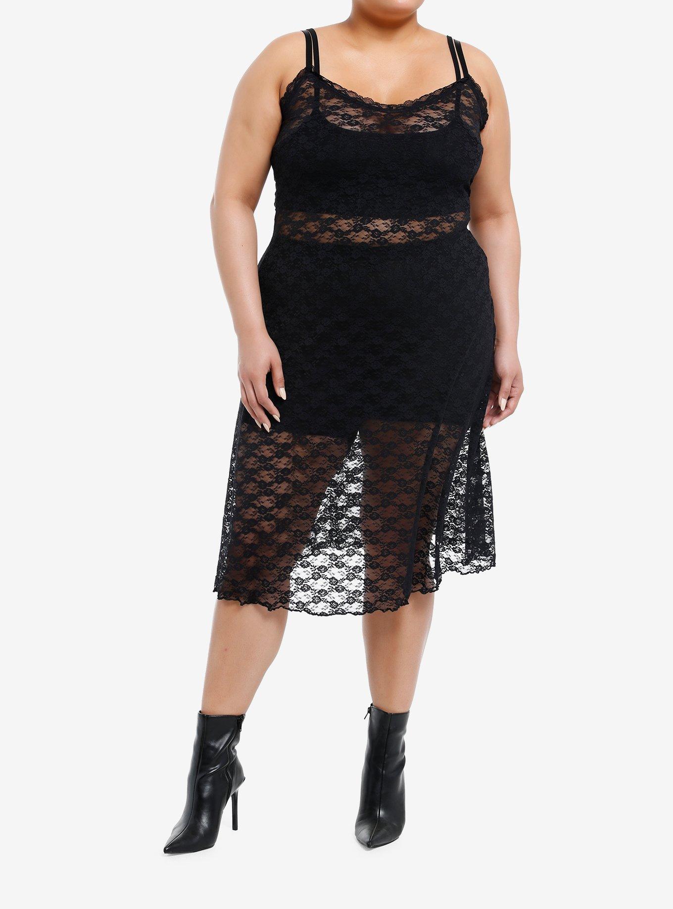 Cosmic Aura® Black Lace Sheer Cami Slip Dress Plus Size, , hi-res